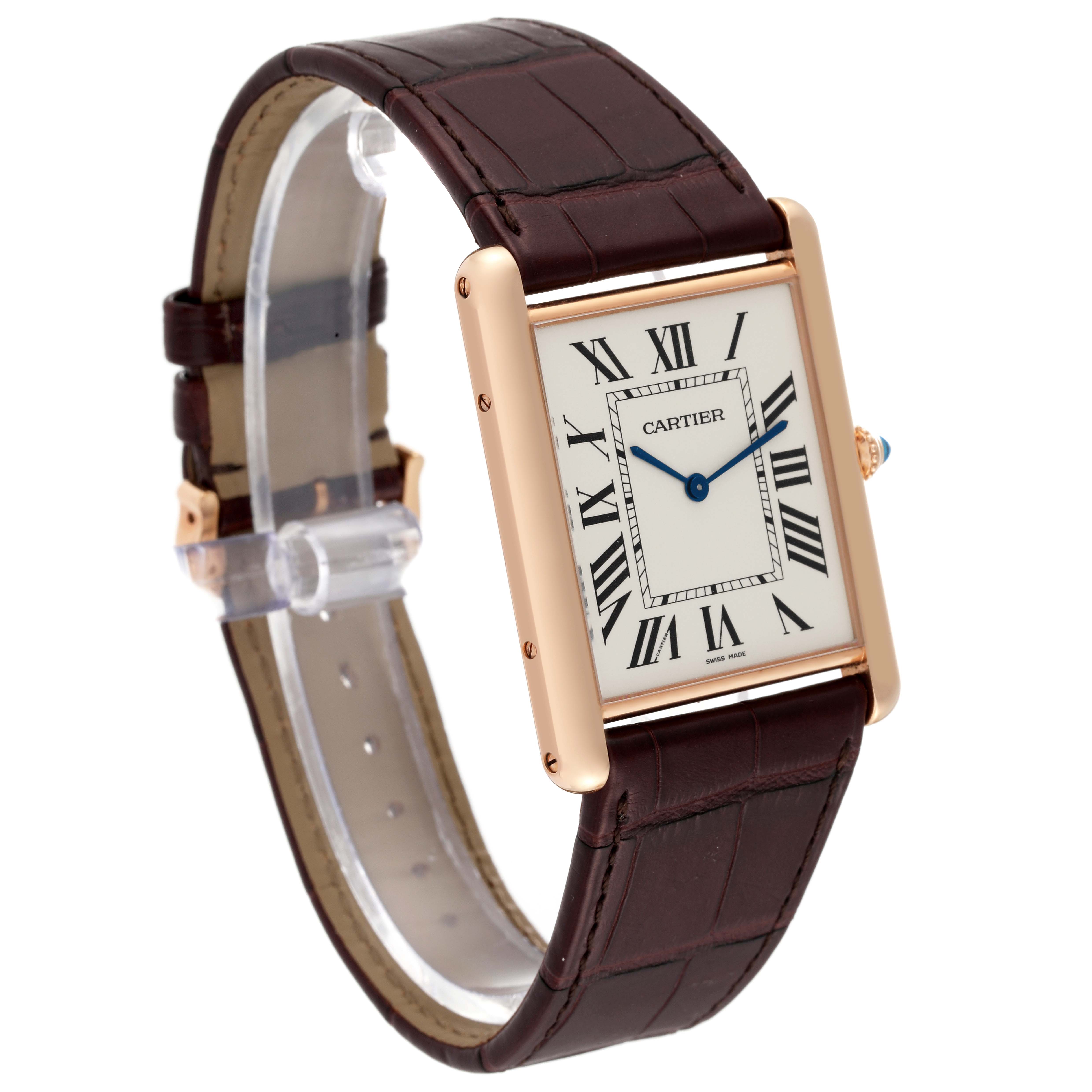 This image shows a Cartier Tank Louis W1560017 Men's Rose Gold Silver Dial W1560017 Men's Rose Gold Silver Dial watch at a three-quarter angle, highlighting the face, case, and strap.