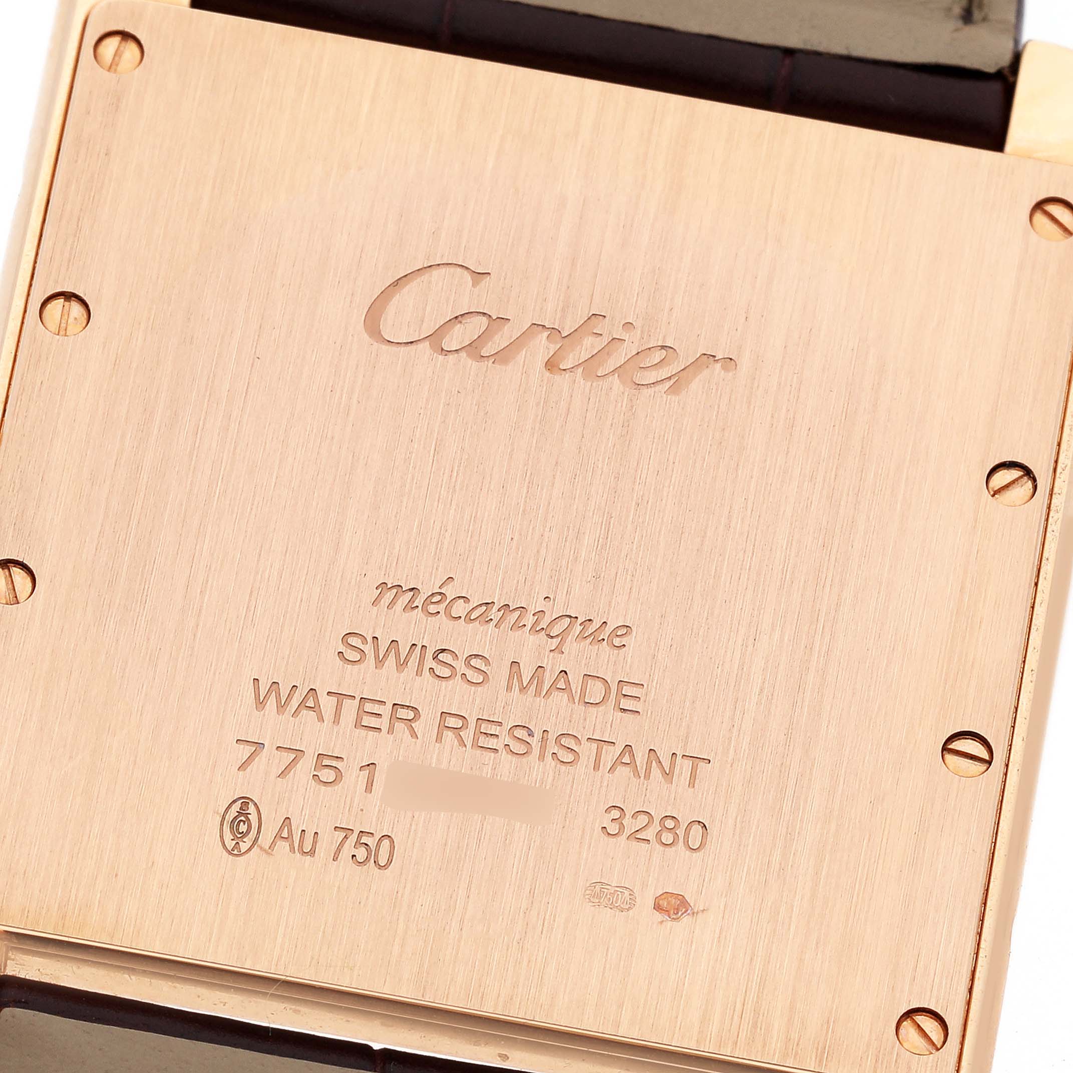 The image shows the back case of a Cartier Tank Louis W1560017 Men's Rose Gold Silver Dial W1560017 Men's Rose Gold Silver Dial watch with engraved details and leather strap edges visible.