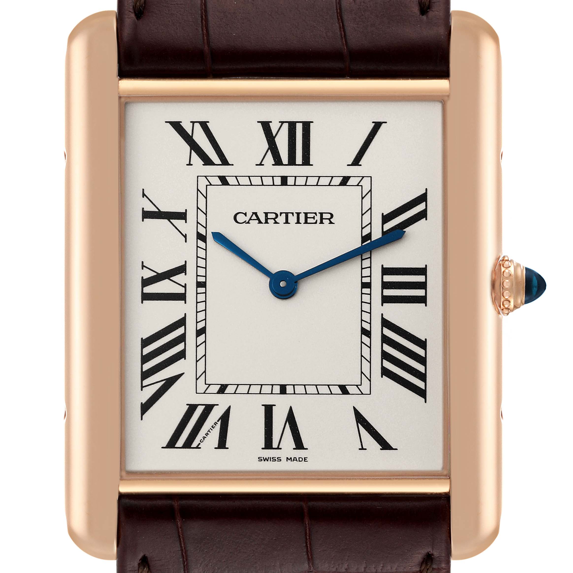 The image shows a close-up, front-facing view of the dial and bezel of the Cartier Tank Louis W1560017 Men's Rose Gold Silver Dial W1560017 Men's Rose Gold Silver Dial watch.