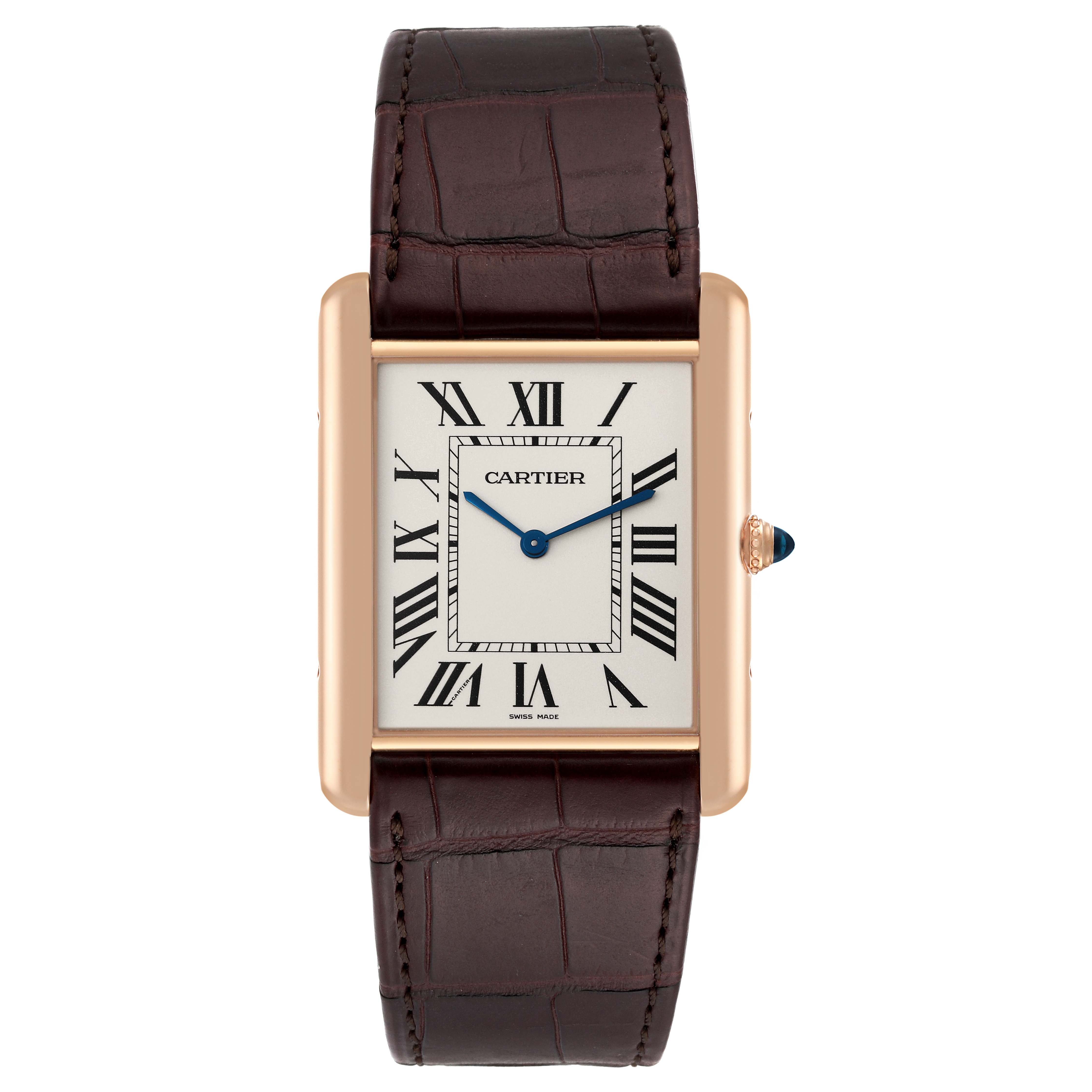 The image shows a head-on view of a Cartier Tank Louis W1560017 Men's Rose Gold Silver Dial W1560017 Men's Rose Gold Silver Dial watch, displaying its face, Roman numerals, and leather strap.