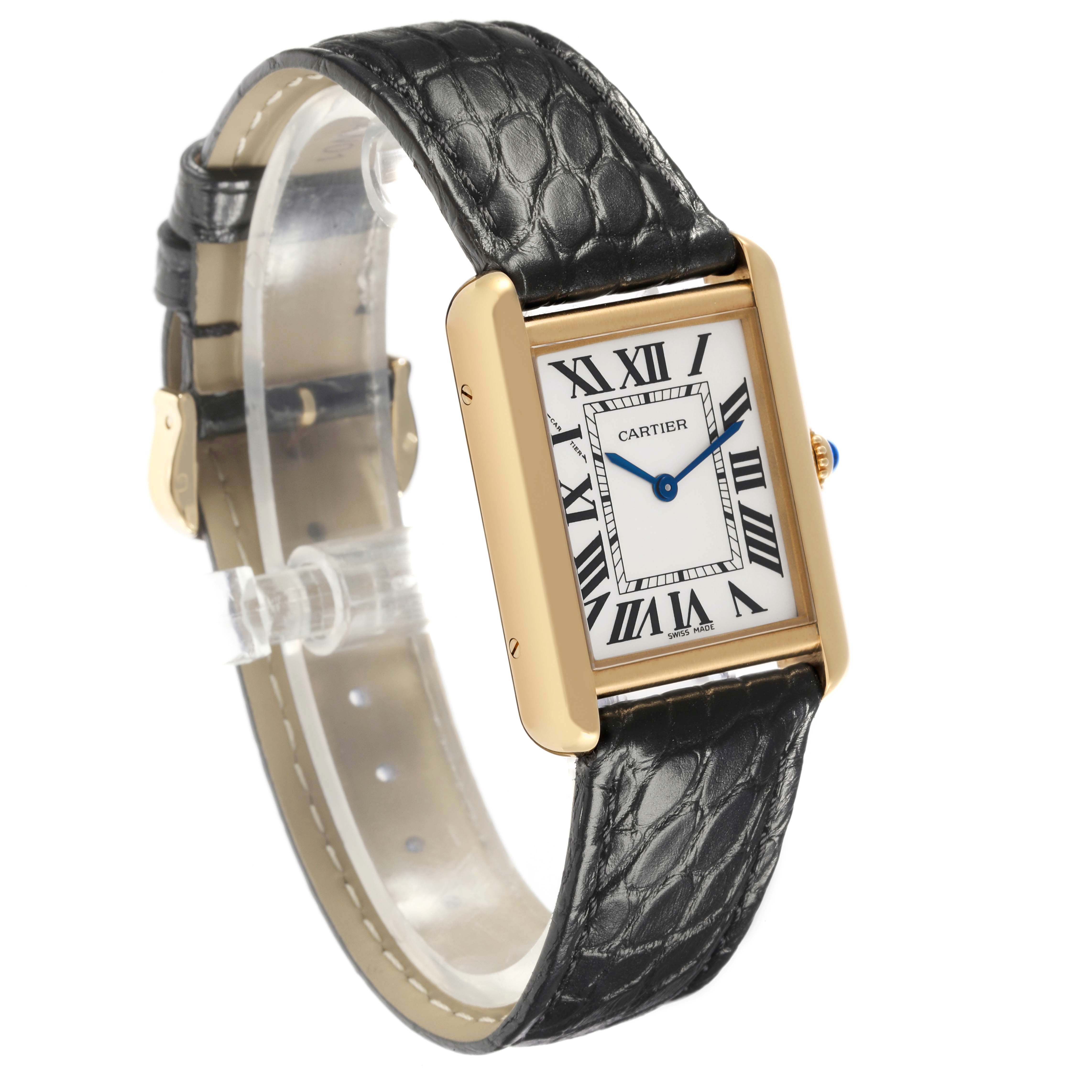 The Cartier Tank Solo W1018755 Women's Steel and Gold (two tone) Silver Dial W1018755 Women's Steel and Gold (two tone) Silver Dial watch is shown at a three-quarter angle, highlighting the case, dial, strap, and crown.