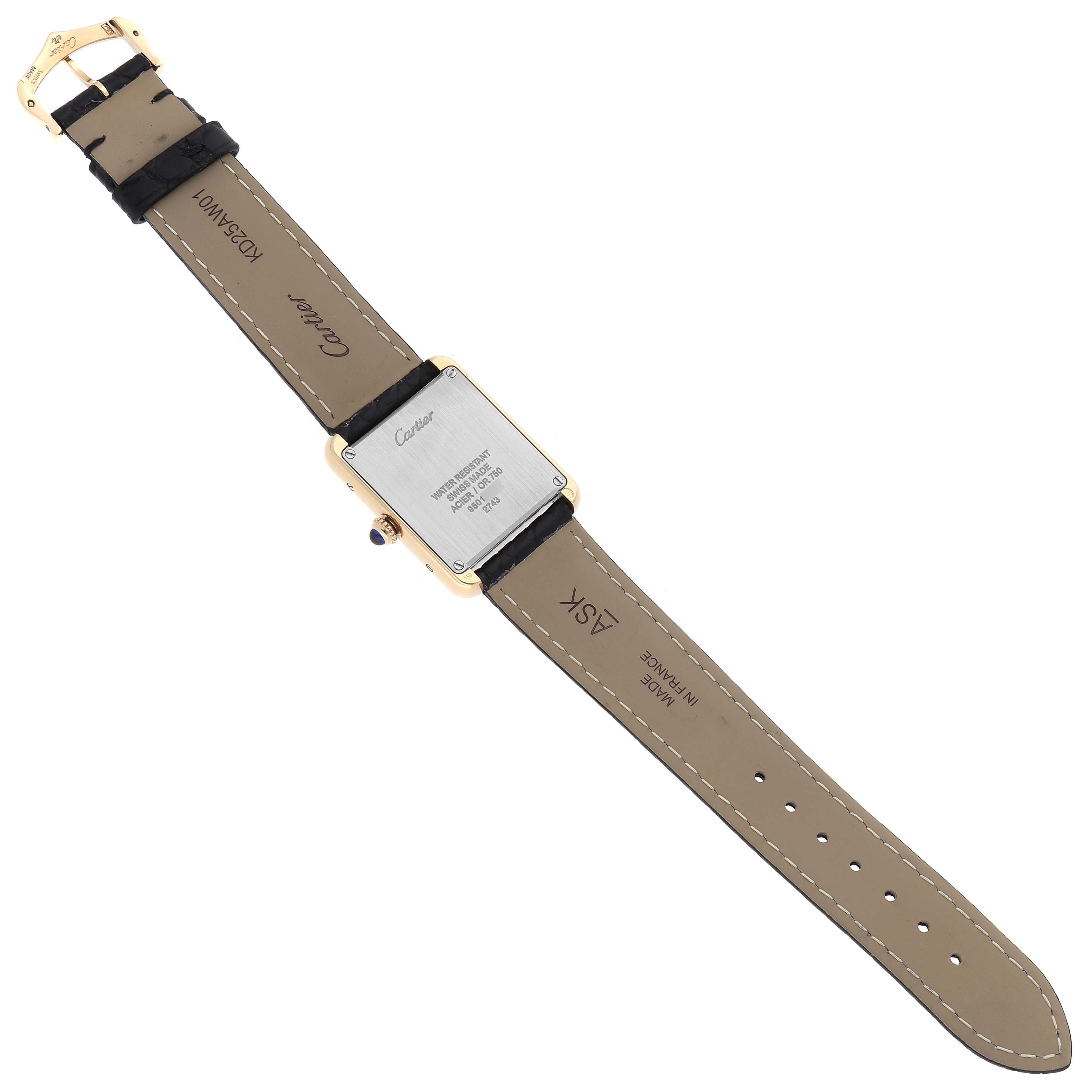 This image shows the back view of a Cartier Tank Solo W1018755 Women's Steel and Gold (two tone) Silver Dial W1018755 Women's Steel and Gold (two tone) Silver Dial watch, highlighting the leather strap and case back.