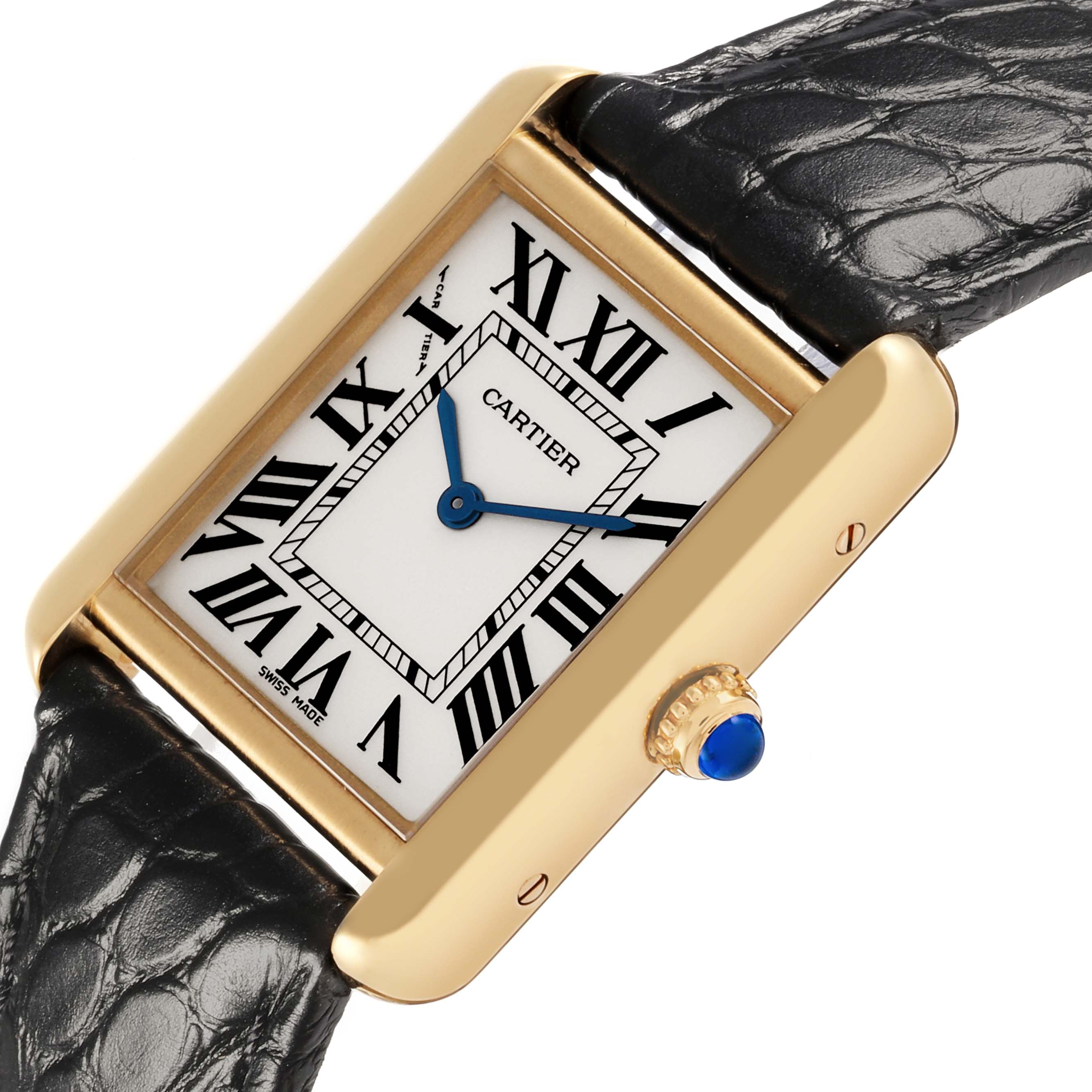The Cartier Tank Solo W1018755 Women's Steel and Gold (two tone) Silver Dial W1018755 Women's Steel and Gold (two tone) Silver Dial watch is shown at an angle highlighting the rectangular face, Roman numerals, and leather strap.