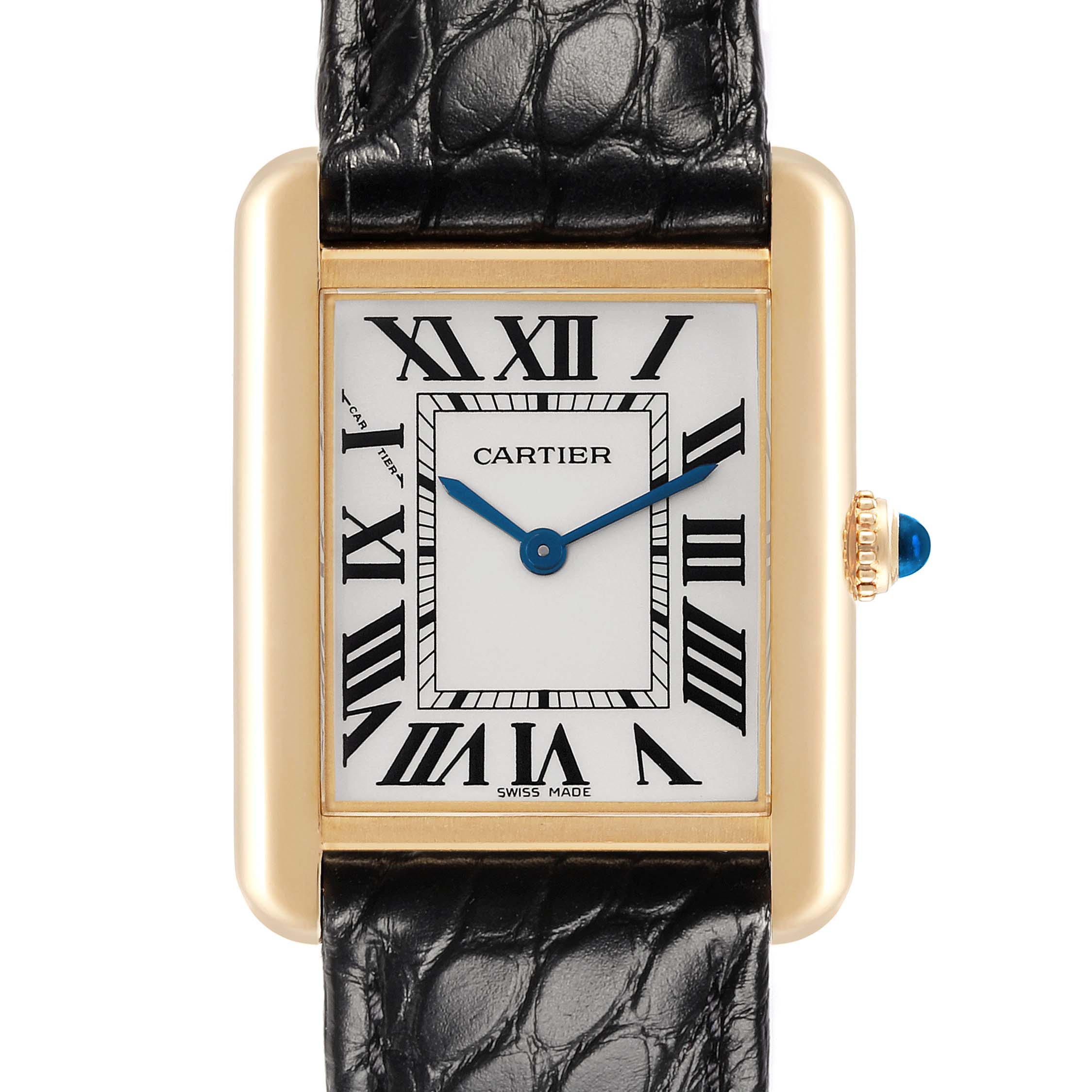 The Cartier Tank Solo W1018755 Women's Steel and Gold (two tone) Silver Dial W1018755 Women's Steel and Gold (two tone) Silver Dial watch is shown from the front, displaying the face, case, crown, and part of the leather strap.