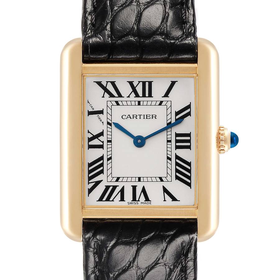 The Cartier Tank Solo watch is shown from the front, displaying the face, case, crown, and part of the leather strap.