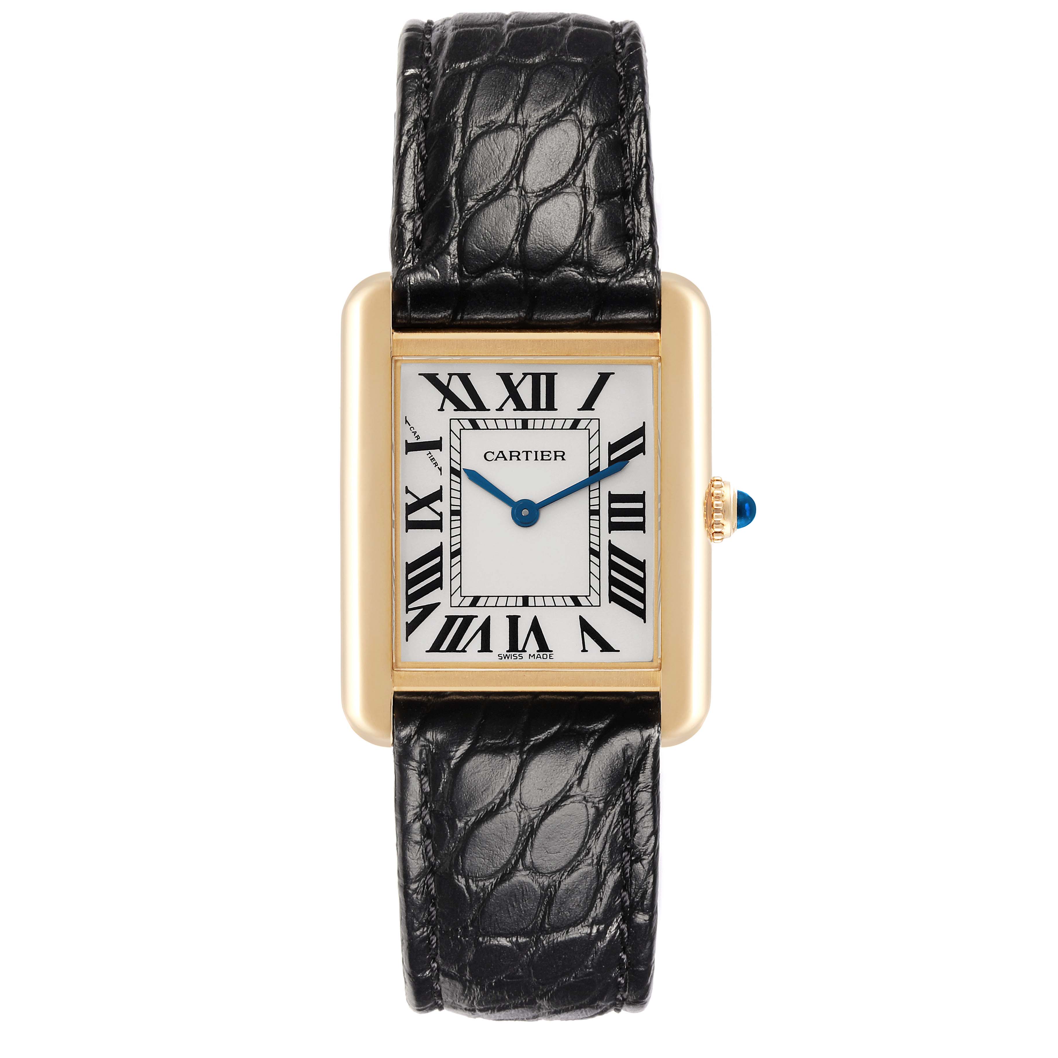 The Cartier Tank Solo W1018755 Women's Steel and Gold (two tone) Silver Dial W1018755 Women's Steel and Gold (two tone) Silver Dial watch is shown from a front view, displaying the face, case, and black leather strap.