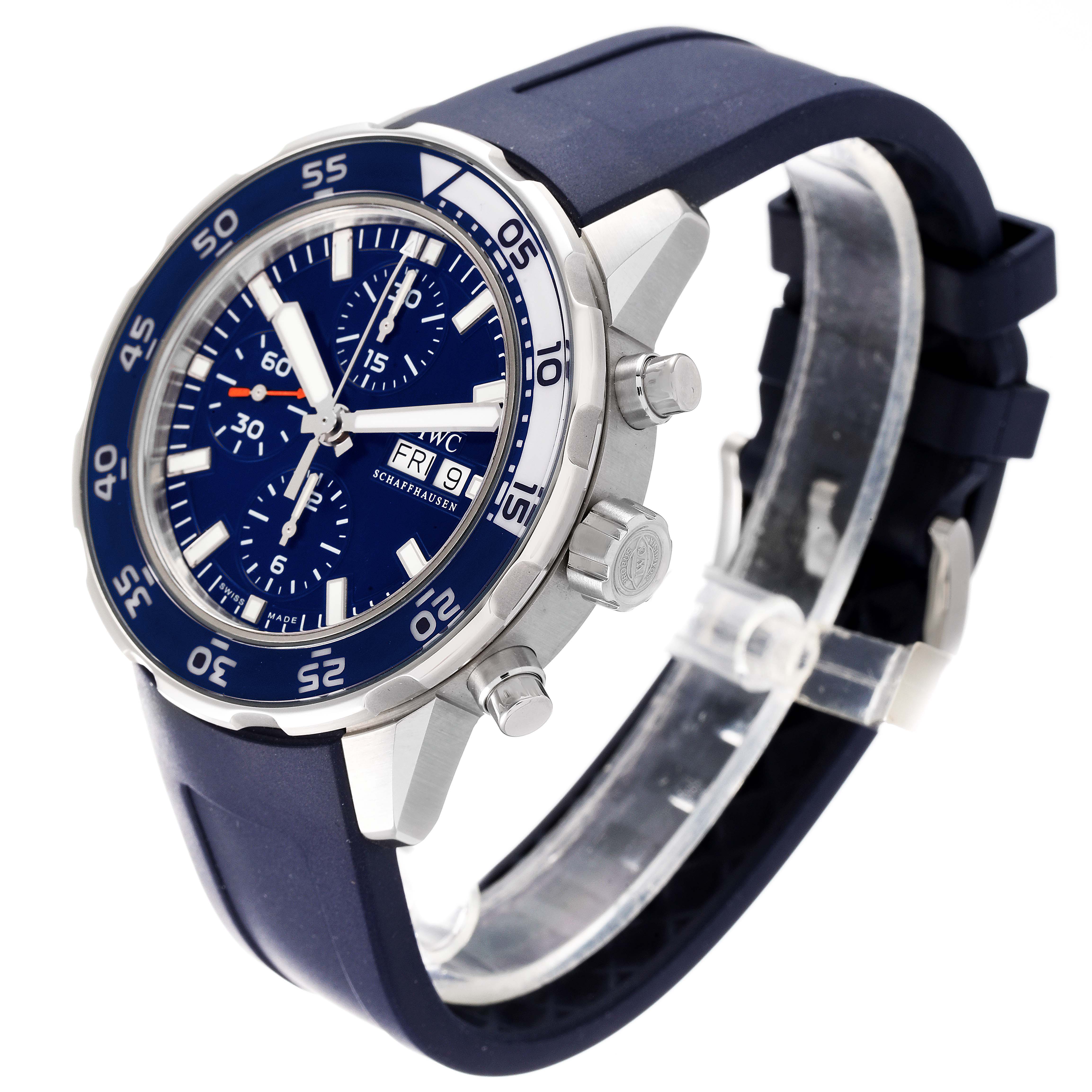 The image shows an IWC Aquatimer IW376711 Men's Stainless Steel Blue Dial IW376711 Men's Stainless Steel Blue Dial watch at a three-quarter angle, highlighting its dial, bezel, pushers, and strap.