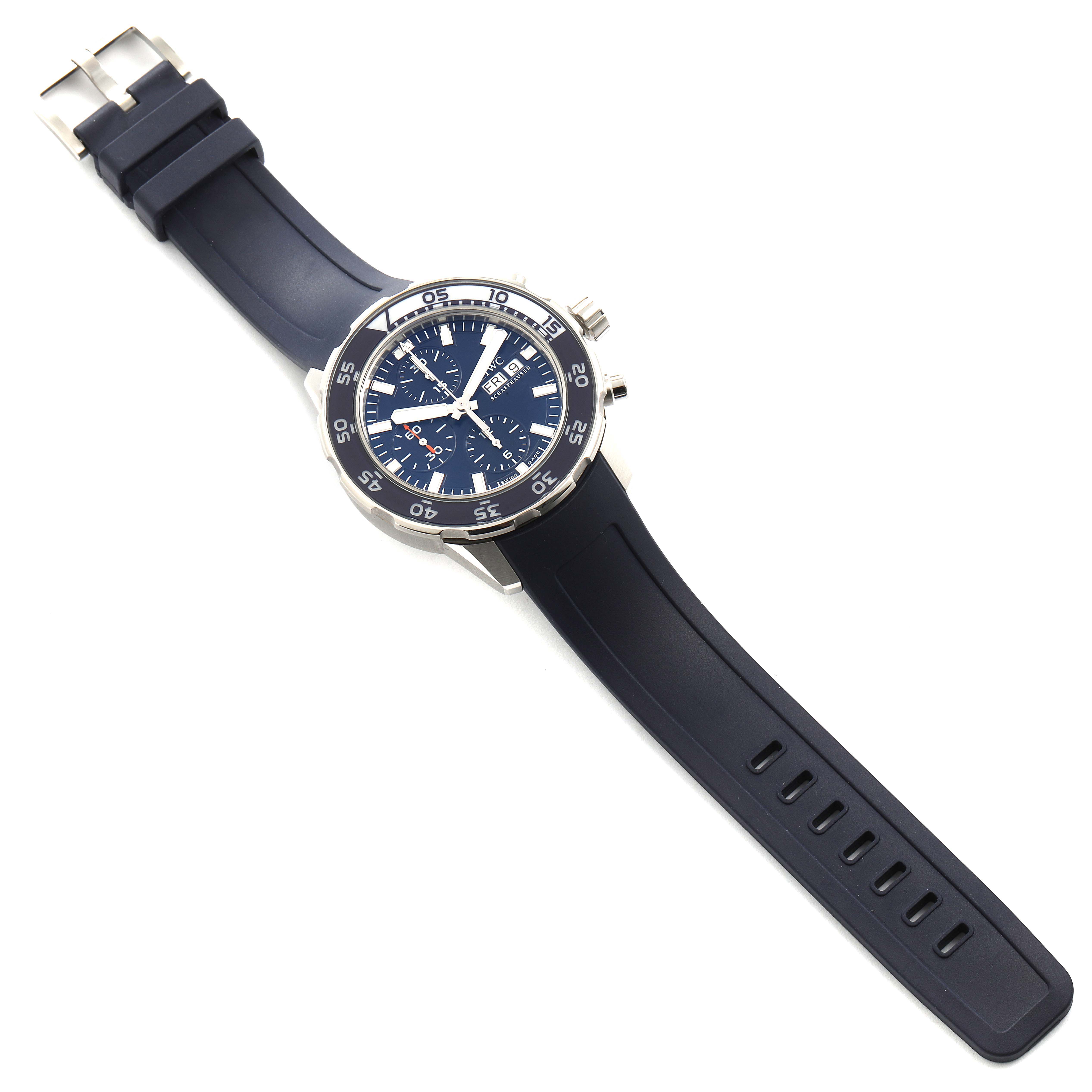 The IWC Aquatimer IW376711 Men's Stainless Steel Blue Dial IW376711 Men's Stainless Steel Blue Dial watch is shown at an angled top-down view, featuring the face, bezel, and rubber strap.