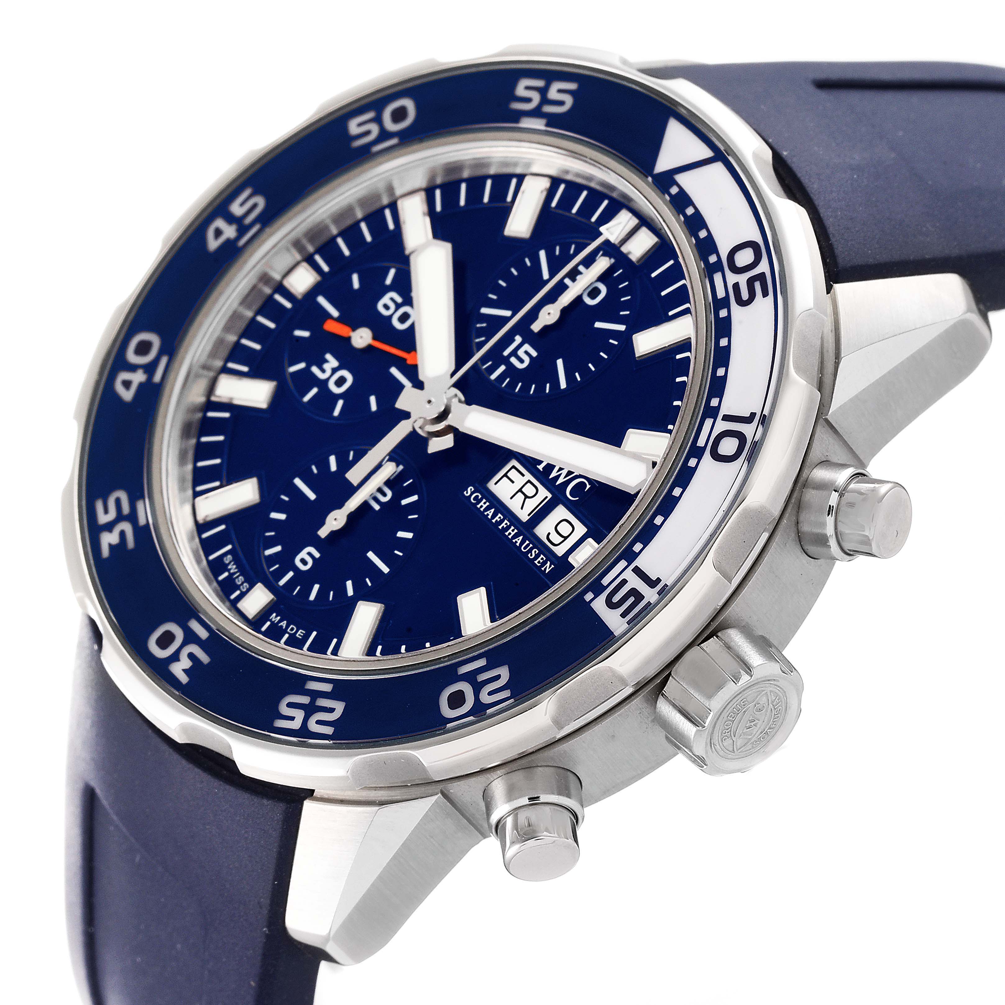 The image shows an IWC Aquatimer IW376711 Men's Stainless Steel Blue Dial IW376711 Men's Stainless Steel Blue Dial watch at a slight angle, highlighting its dial, bezel, and pushers.