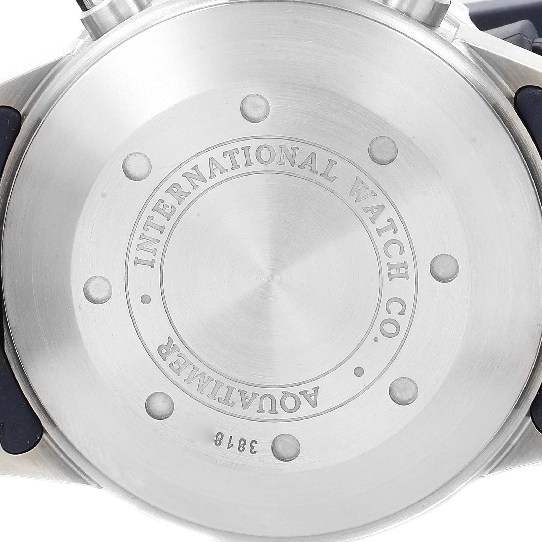 The image shows the case back of an IWC Aquatimer IW376711 Men's Stainless Steel Blue Dial IW376711 Men's Stainless Steel Blue Dial watch.