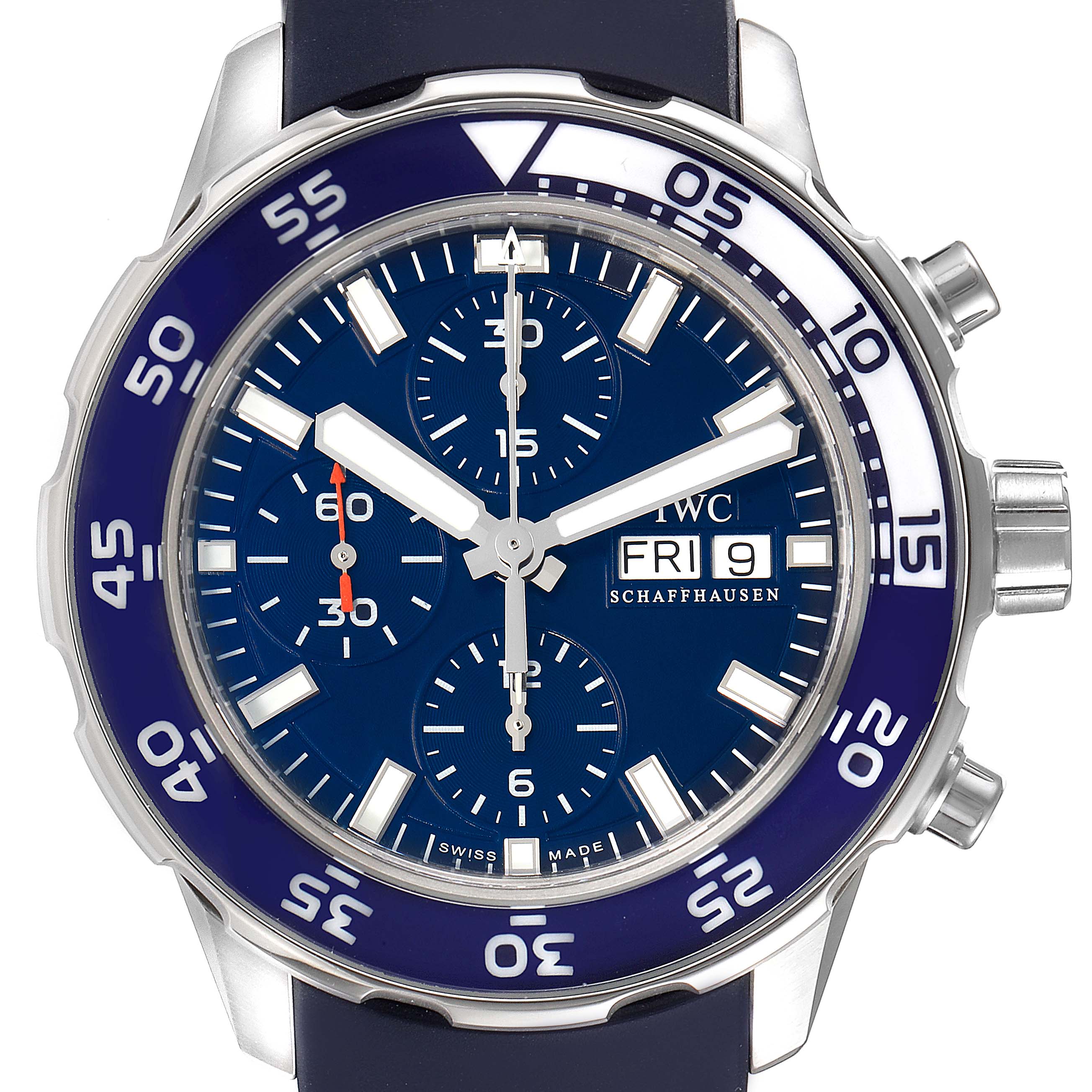The image shows a front view of the IWC Aquatimer IW376711 Men's Stainless Steel Blue Dial IW376711 Men's Stainless Steel Blue Dial watch, displaying its face, bezel, and crown.