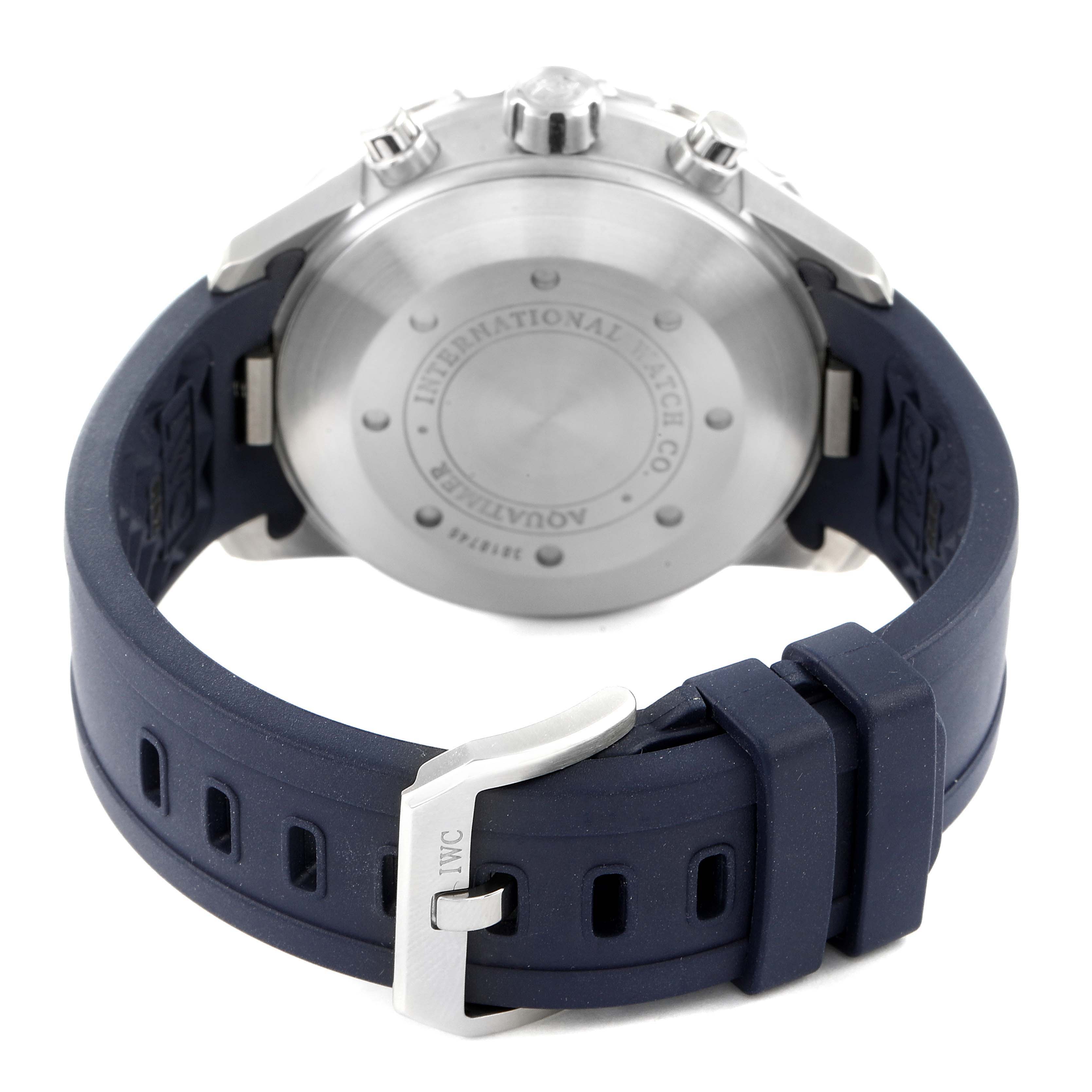 The image shows the back case, strap, and clasp of the IWC Aquatimer IW376711 Men's Stainless Steel Blue Dial IW376711 Men's Stainless Steel Blue Dial watch from a rear angle.