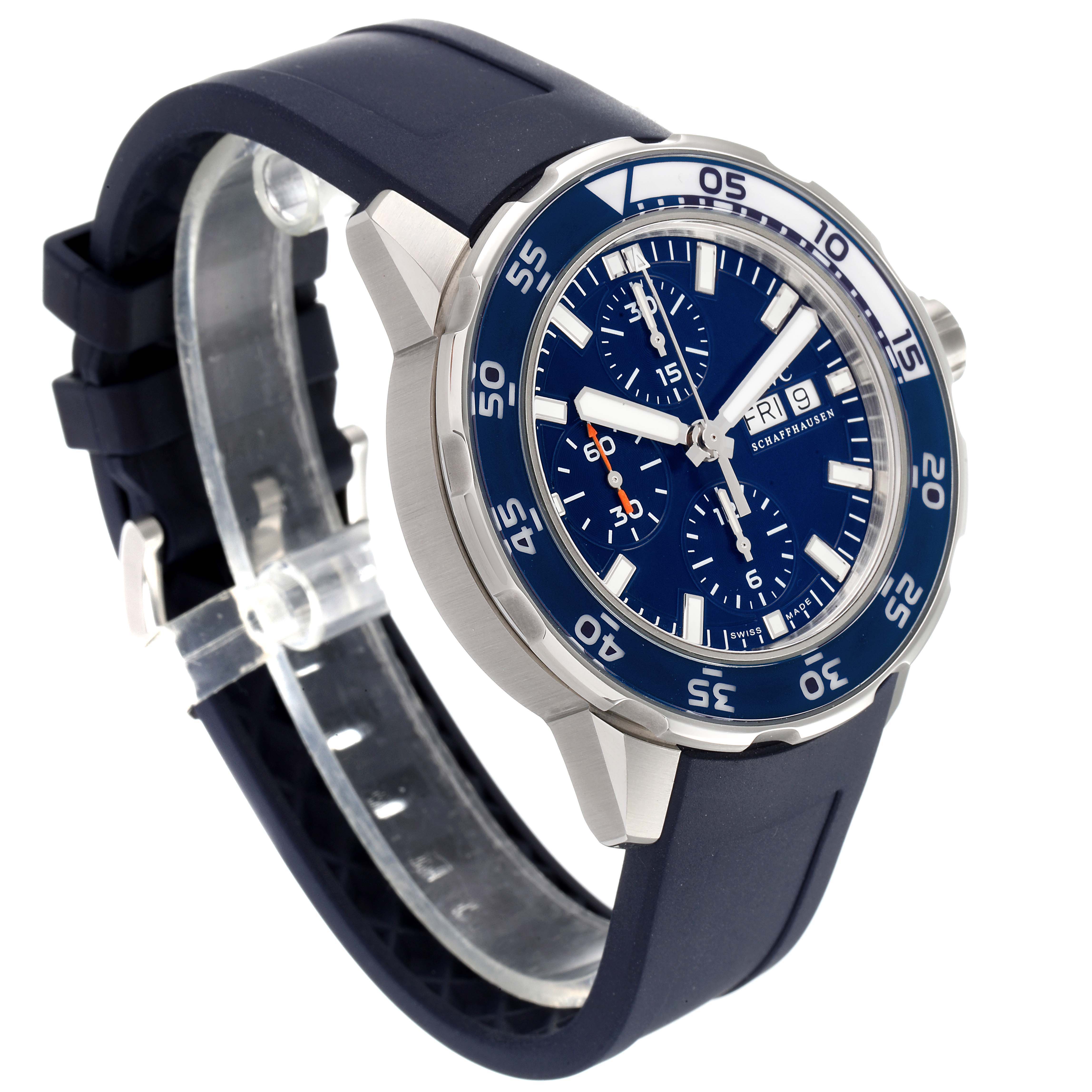 The IWC Aquatimer IW376711 Men's Stainless Steel Blue Dial IW376711 Men's Stainless Steel Blue Dial watch is shown at a three-quarter angle, highlighting its blue dial, bezel, and rubber strap.