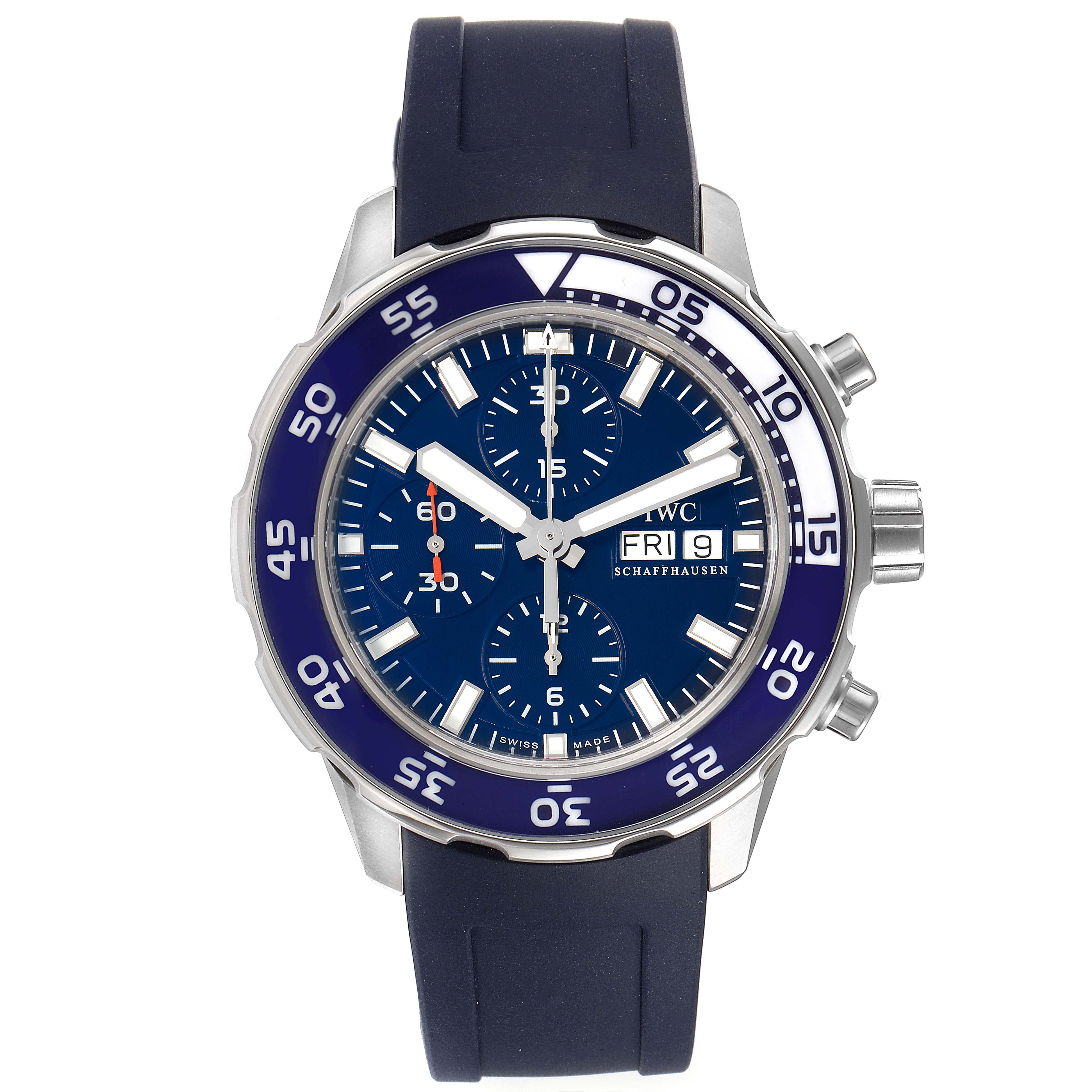 The IWC Aquatimer IW376711 Men's Stainless Steel Blue Dial IW376711 Men's Stainless Steel Blue Dial watch is shown from the front displaying its dial, bezel, and strap.