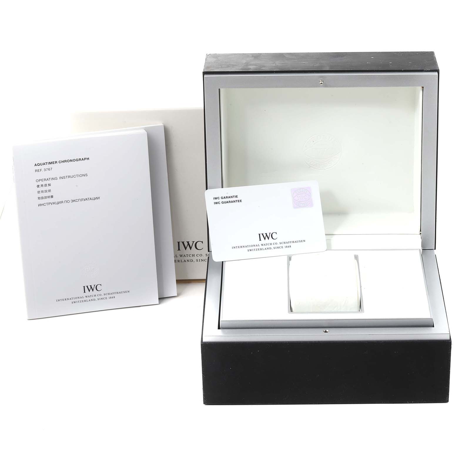 The image shows the box, operating instructions, and warranty card for the IWC Aquatimer IW376711 Men's Stainless Steel Blue Dial IW376711 Men's Stainless Steel Blue Dial watch model.