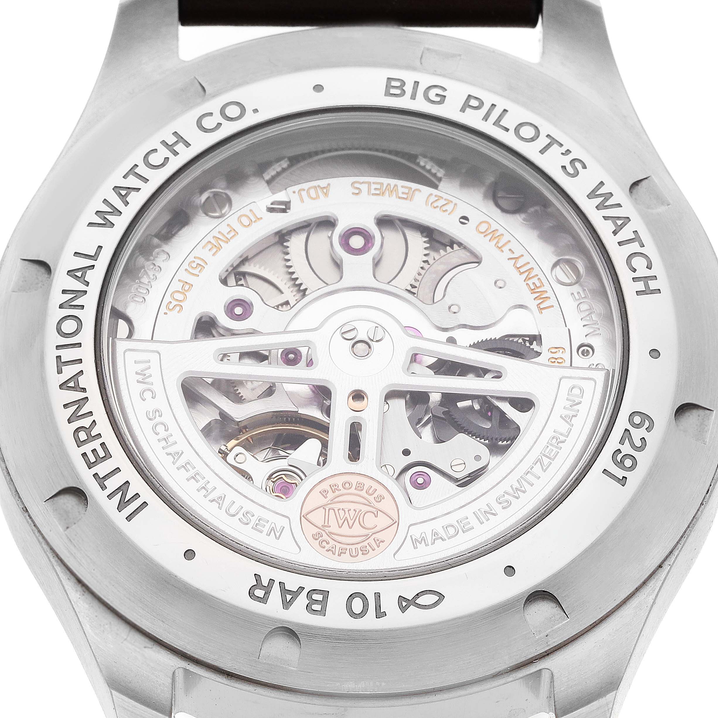 This image shows the caseback of an IWC Big Pilot
s Watch, revealing its mechanical movement.