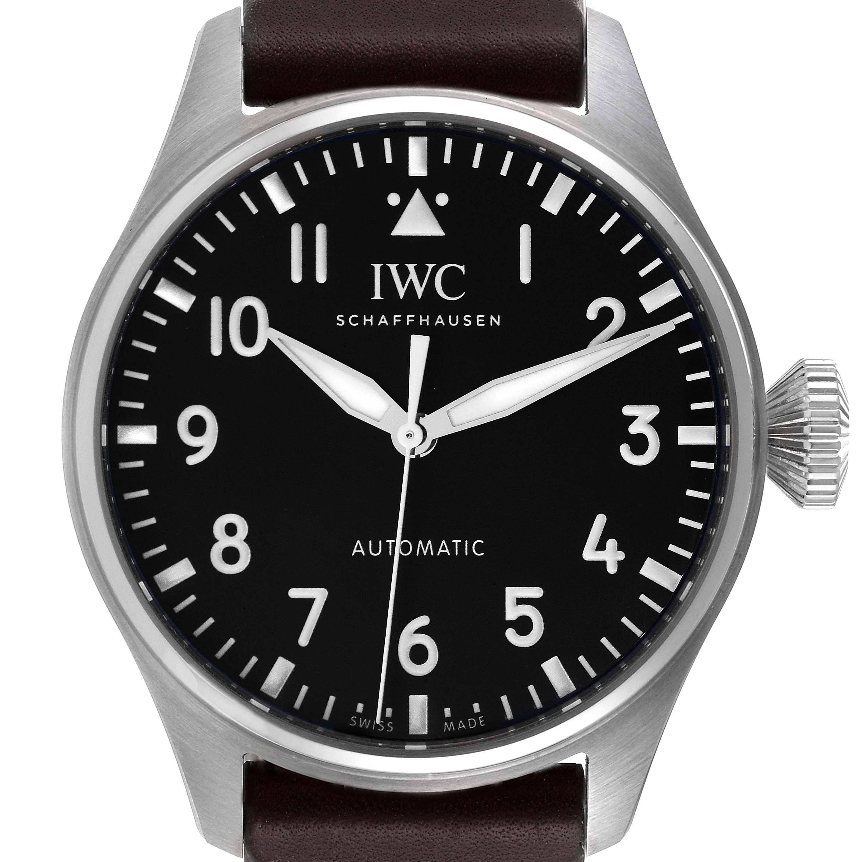 The image shows a front view of the IWC Pilot IW329301 Men
s Stainless Steel Black Dial IW329301 Men
s Stainless Steel Black Dial model watch, displaying the dial, crown, and part of the strap.