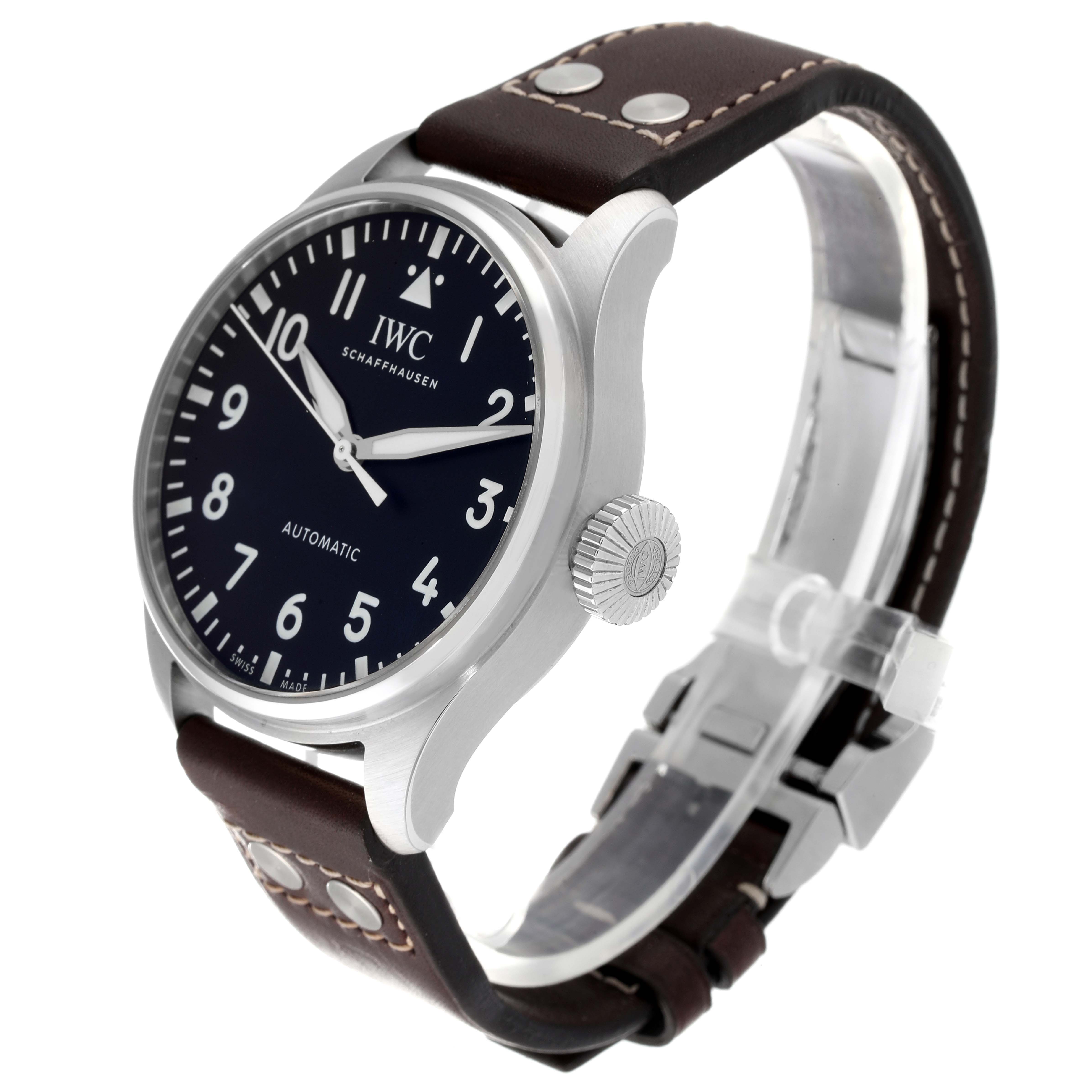 The image shows an angled view of the IWC Pilot IW329301 Men
s Stainless Steel Black Dial IW329301 Men
s Stainless Steel Black Dial watch, highlighting its face, crown, and leather strap.