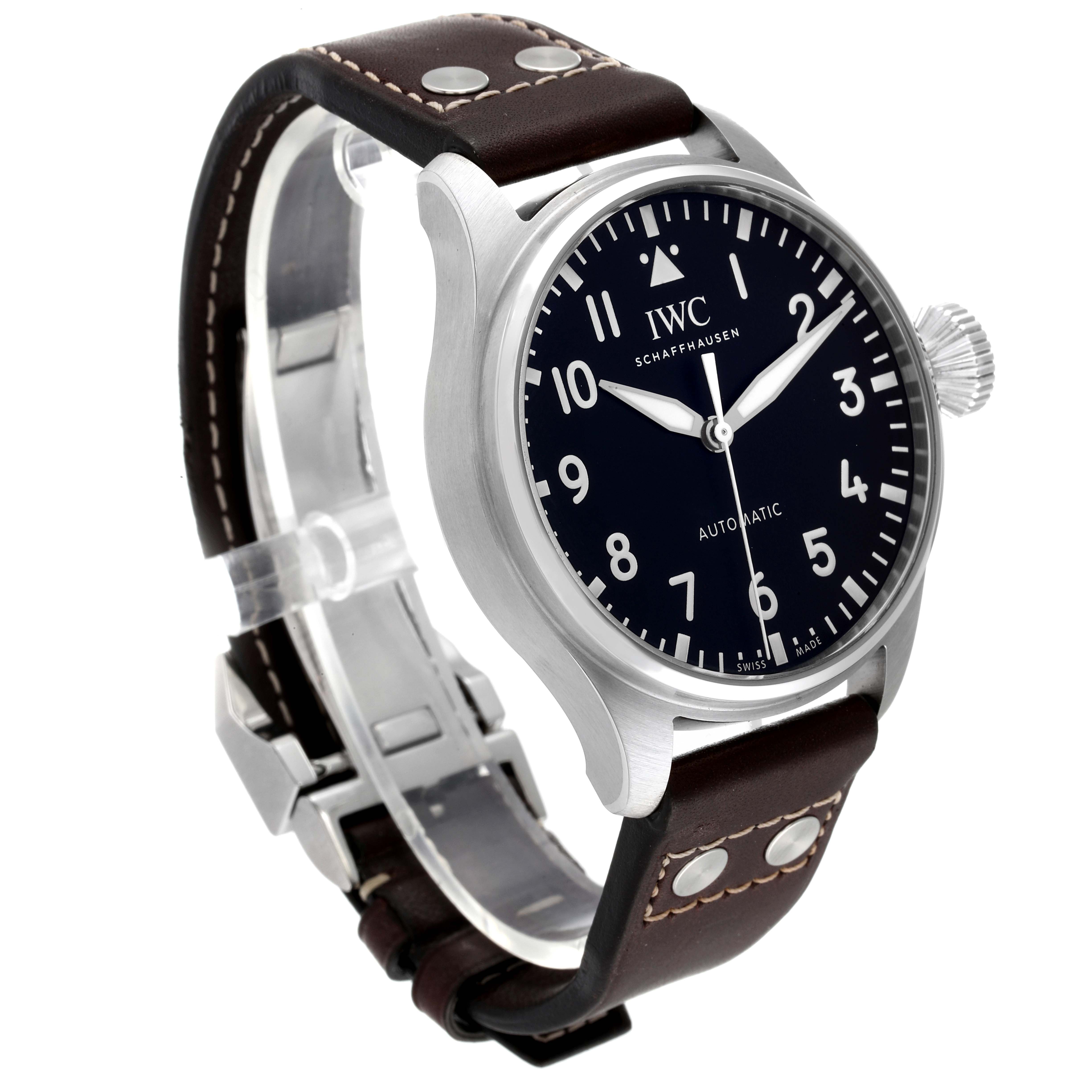 The image shows a side angle of the IWC Pilot IW329301 Men
s Stainless Steel Black Dial IW329301 Men
s Stainless Steel Black Dial watch, displaying its face, crown, and leather strap.