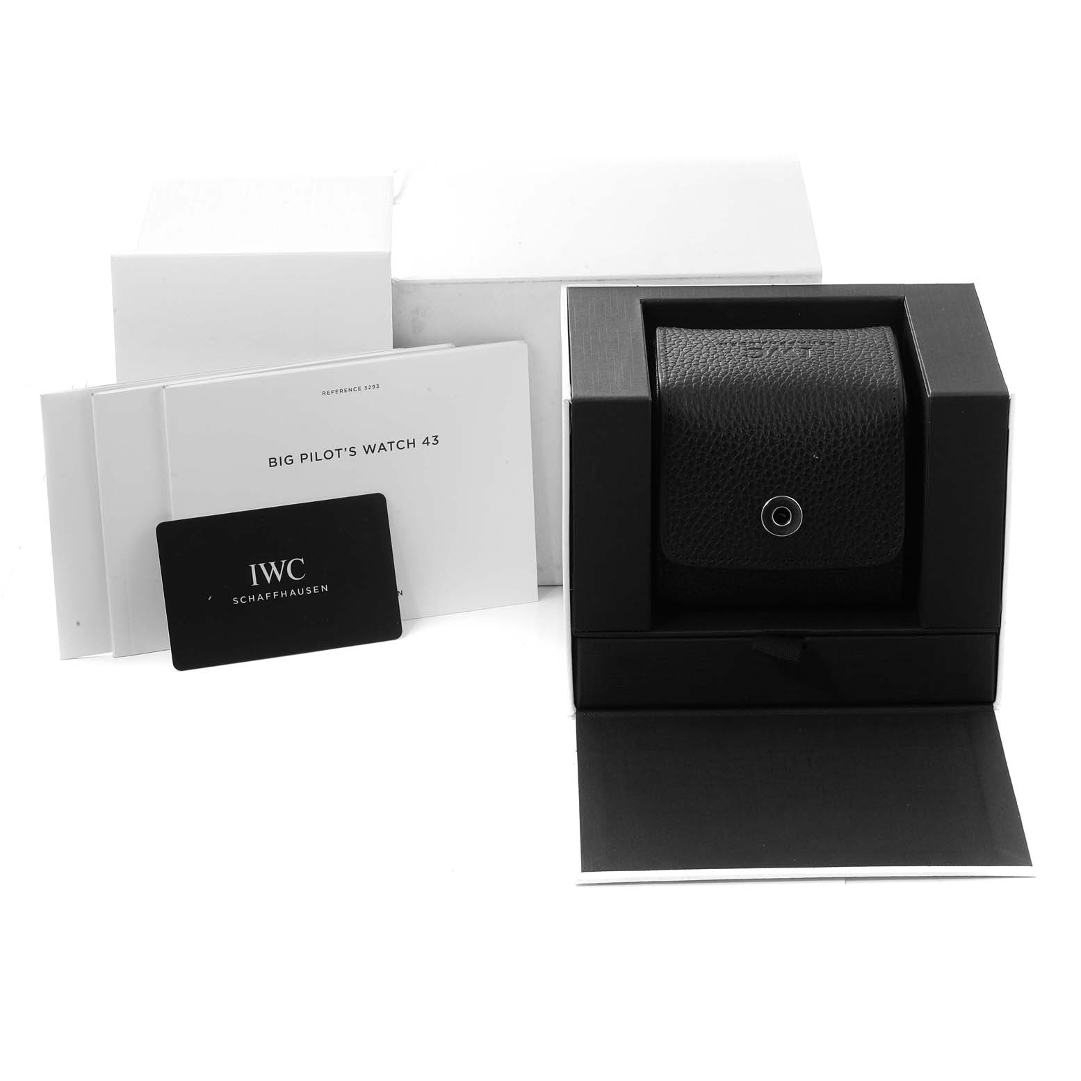 The image shows an IWC Pilot IW329301 Men
s Stainless Steel Black Dial IW329301 Men
s Stainless Steel Black Dial model watch in its storage box with accompanying manuals and an Best Quality
ity card.