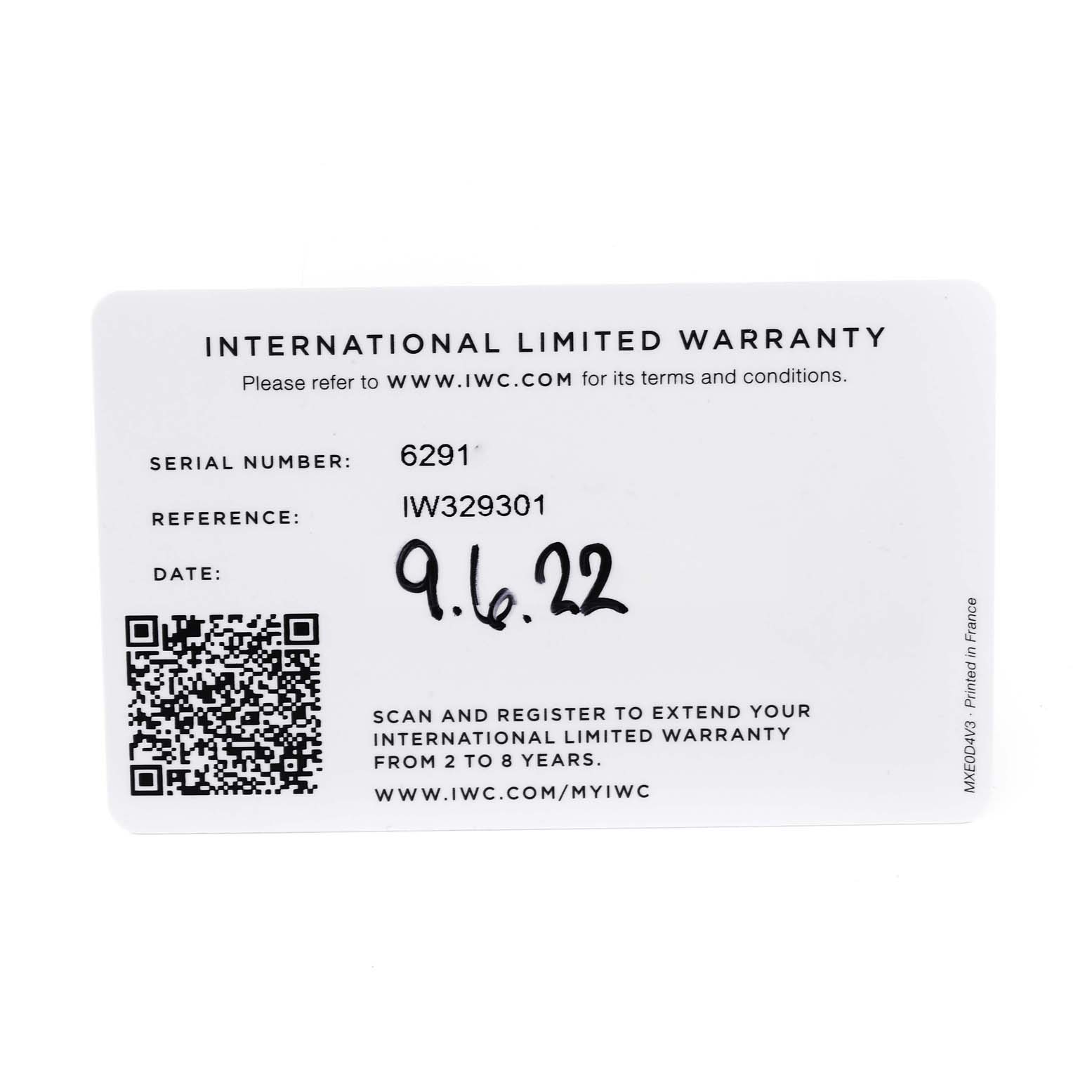 The image shows the International Limited Warranty card for the Pilot model by IWC with serial number 6291, reference IW329301, and date 9.16.22.