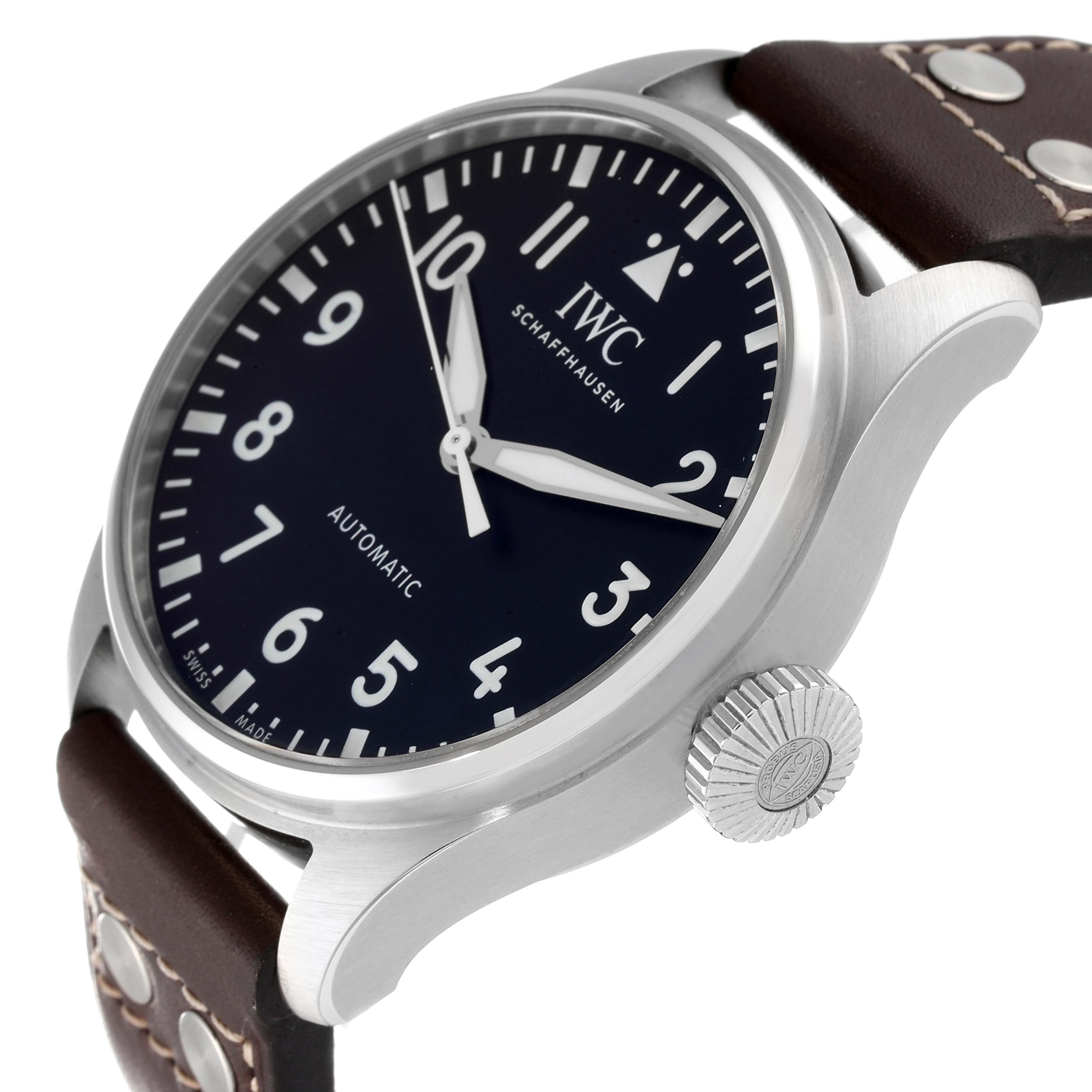 This image shows a side angle of the IWC Pilot IW329301 Men
s Stainless Steel Black Dial IW329301 Men
s Stainless Steel Black Dial watch, highlighting its dial, crown, and leather strap.