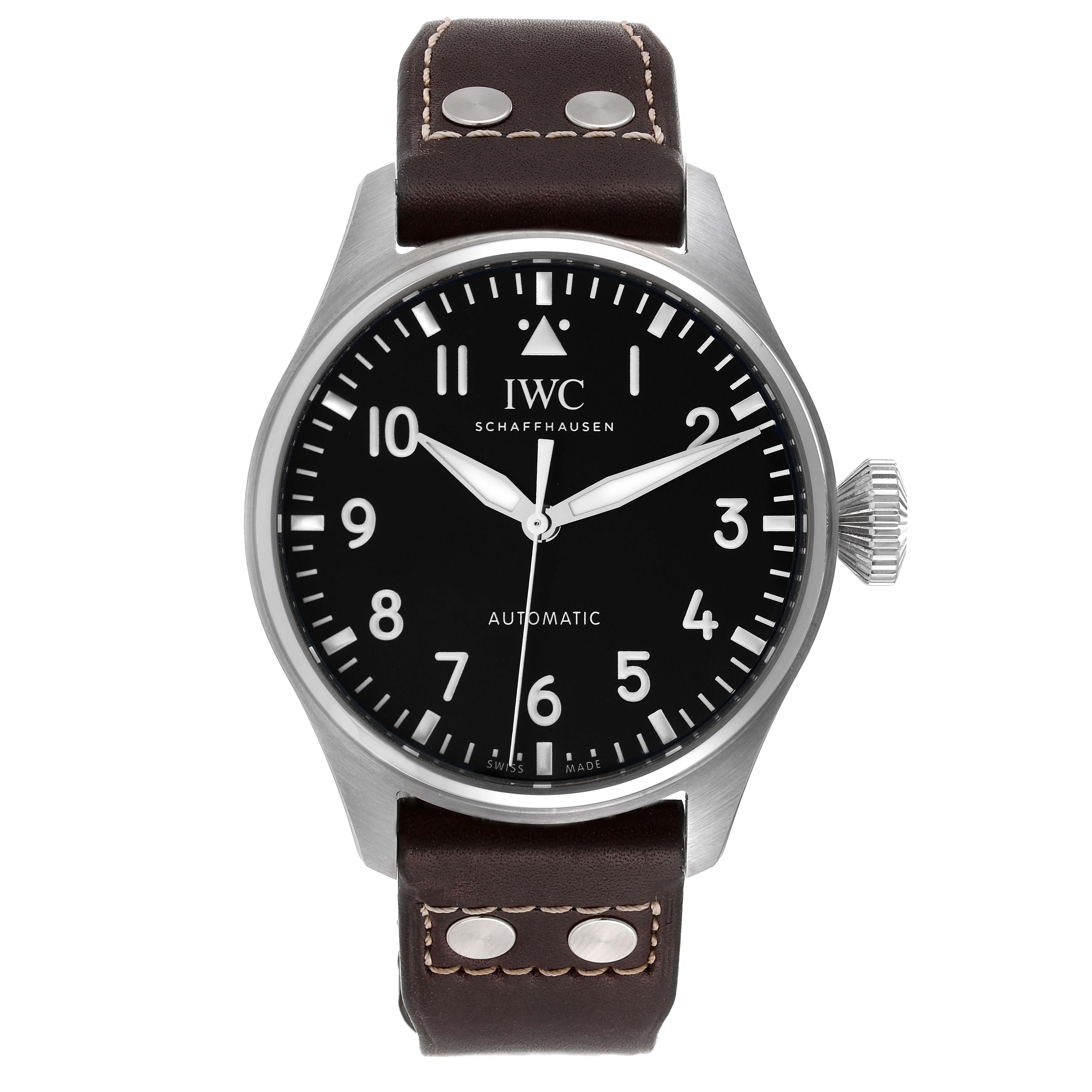 The IWC Pilot IW329301 Men
s Stainless Steel Black Dial IW329301 Men
s Stainless Steel Black Dial watch is shown from the front, displaying its face, crown, and leather strap.