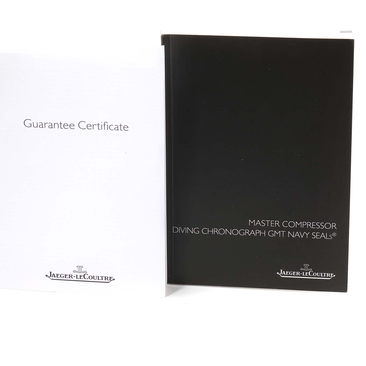 The image shows the Guarantee Certificate and manual for the Jaeger-LeCoultre Master Compressor Diving Chronograph GMT Navy SEALs.