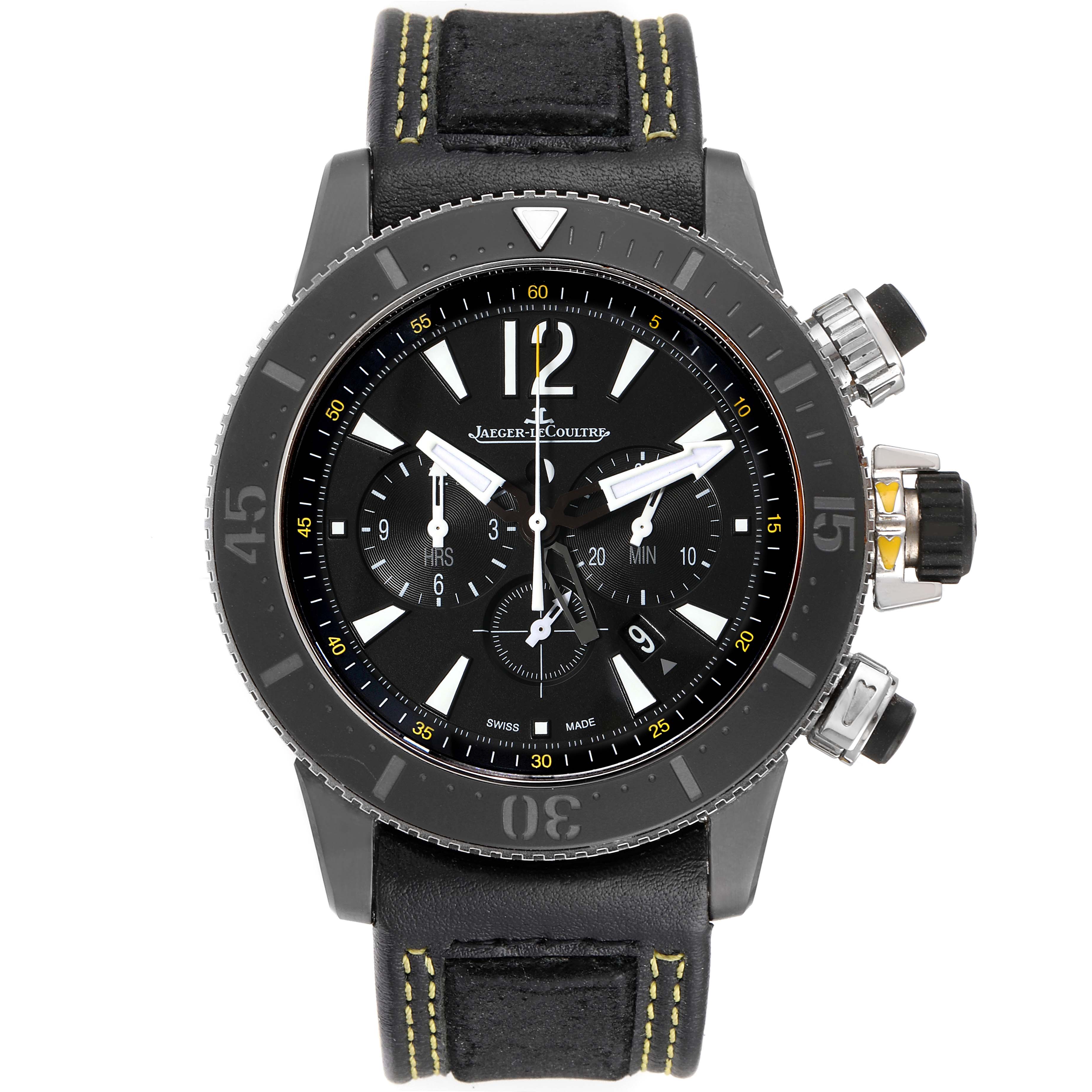 This image shows a Jaeger LeCoultre Master Q178T471 Men's Titanium Black Dial Q178T471 Men's Titanium Black Dial model watch from a frontal view, detailing its face, bezel, and crown.