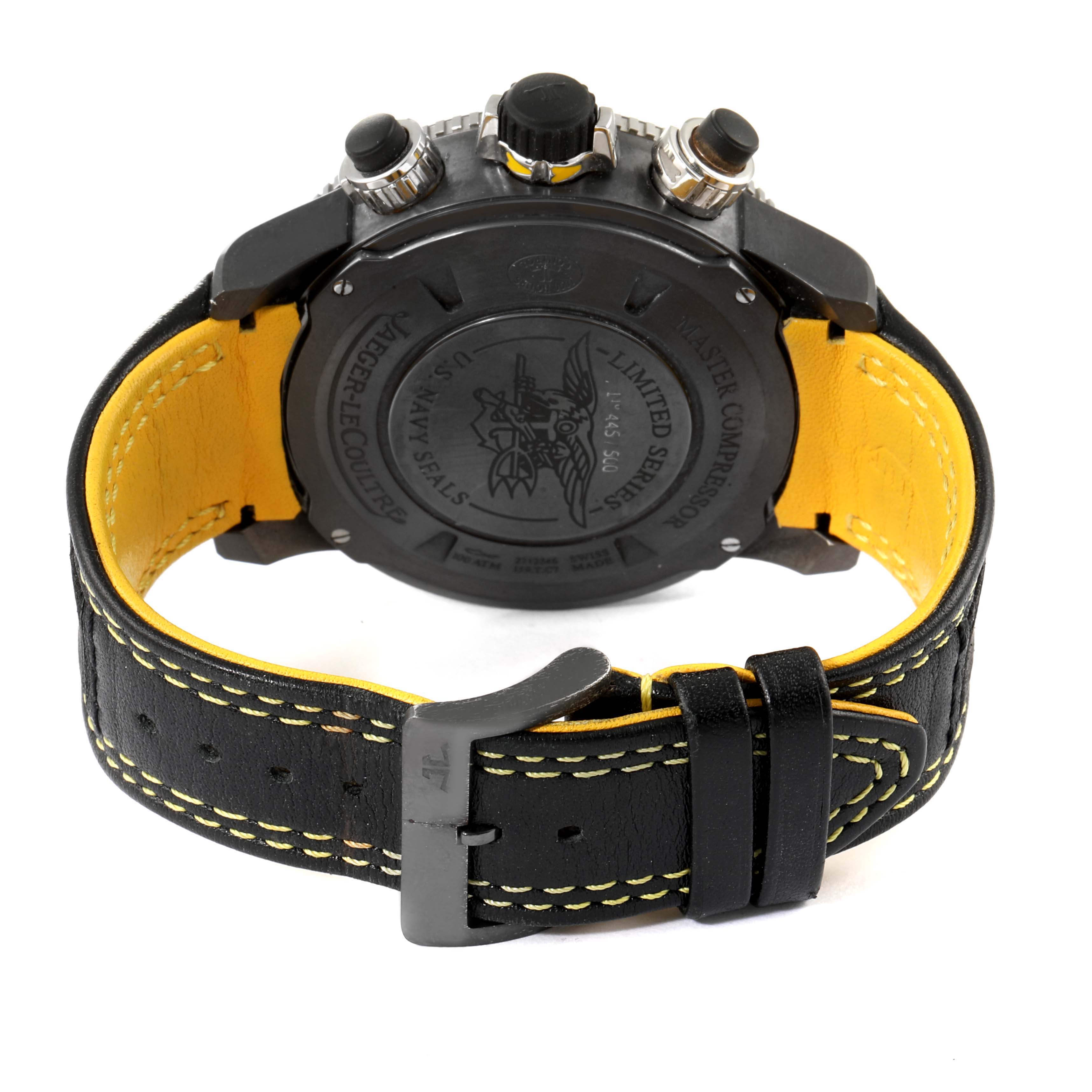 This image shows the back view, clasp, and leather strap of the Jaeger-LeCoultre Master Compressor watch.