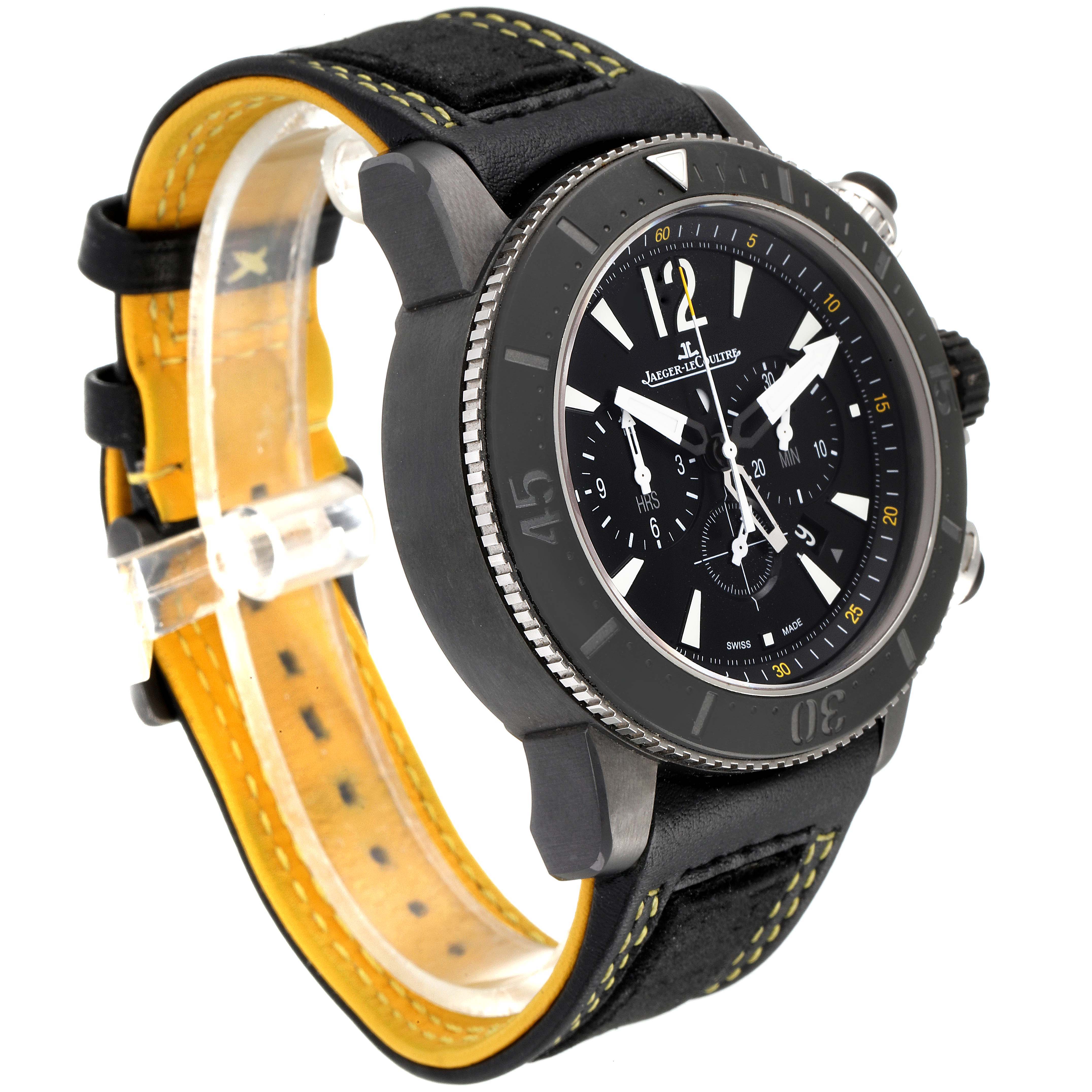 This Jaeger LeCoultre Master Q178T471 Men's Titanium Black Dial Q178T471 Men's Titanium Black Dial model watch is shown at an oblique angle, displaying the bezel, dial, and strap.