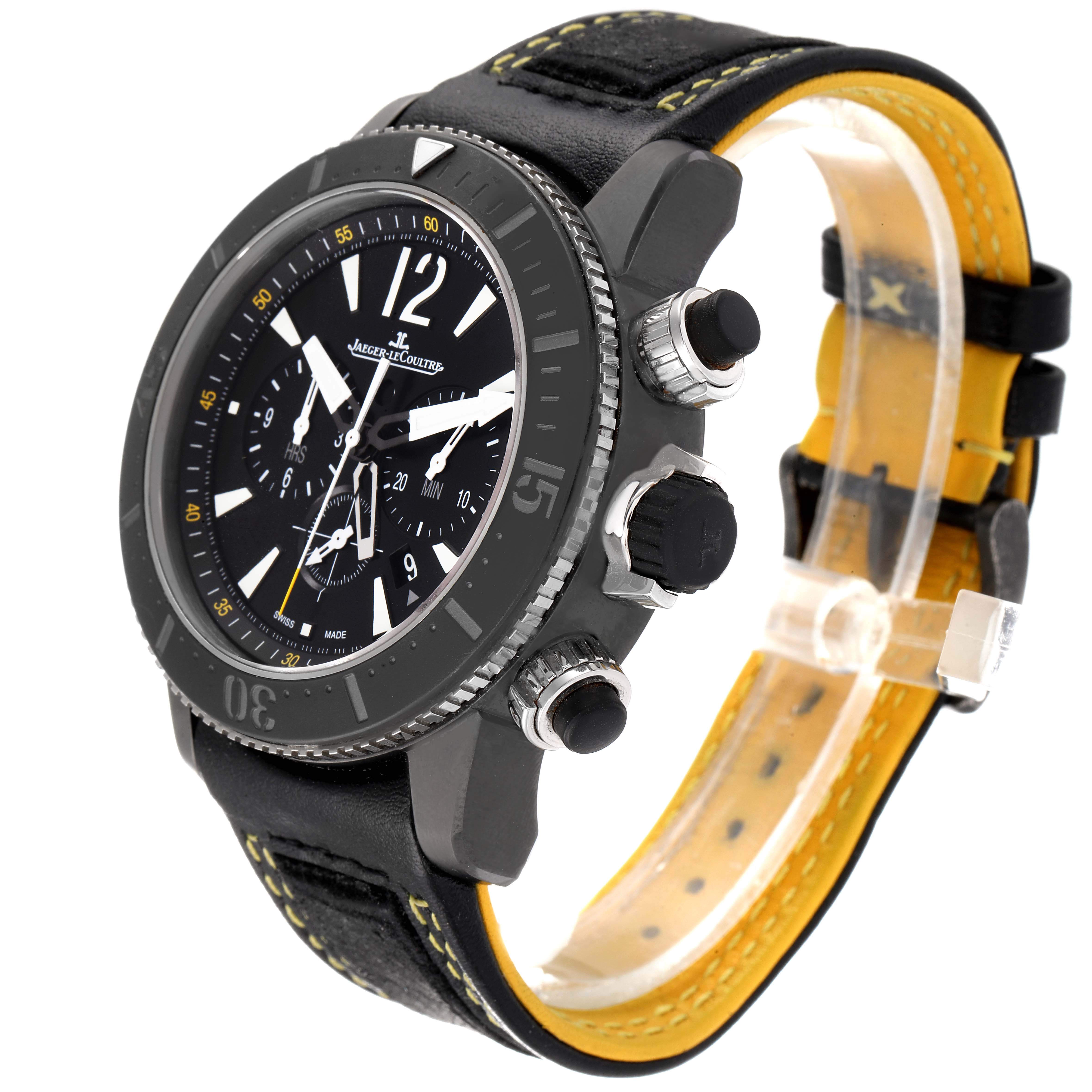 This Jaeger-LeCoultre Master model watch is shown at a three-quarter angle highlighting the face, bezel, pushers, and strap.