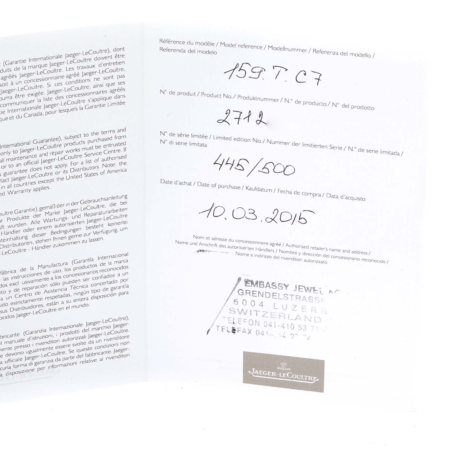 The image shows the warranty card for the Jaeger-LeCoultre Master model, including purchase details and a retailer stamp.