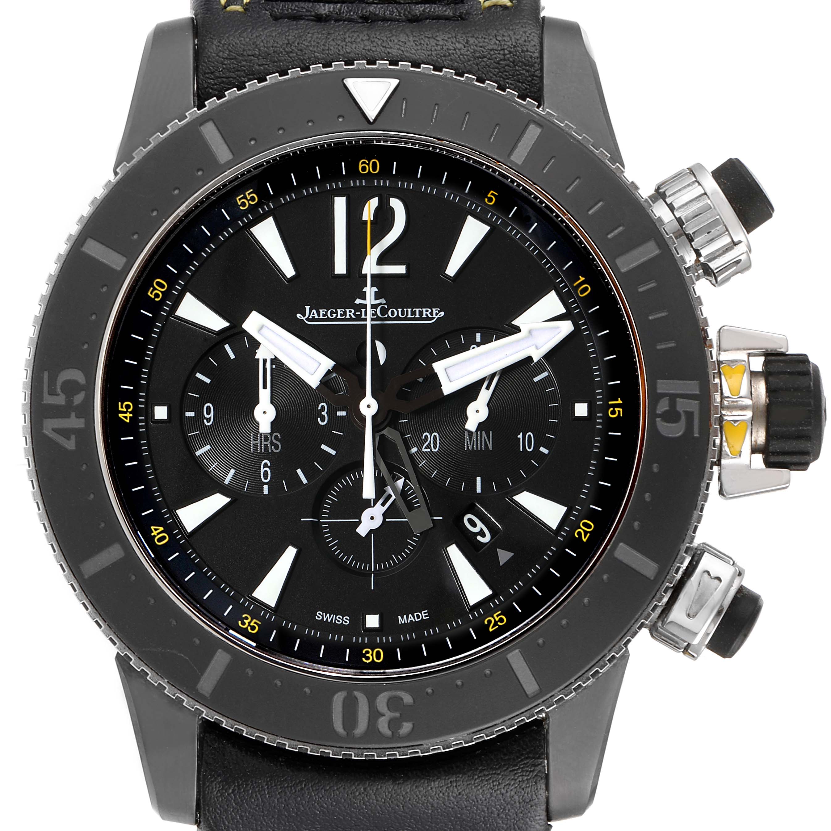 The image shows a front view of a Jaeger LeCoultre Master Q178T471 Men's Titanium Black Dial Q178T471 Men's Titanium Black Dial model watch, highlighting its black dial, bezel, and chronograph buttons.