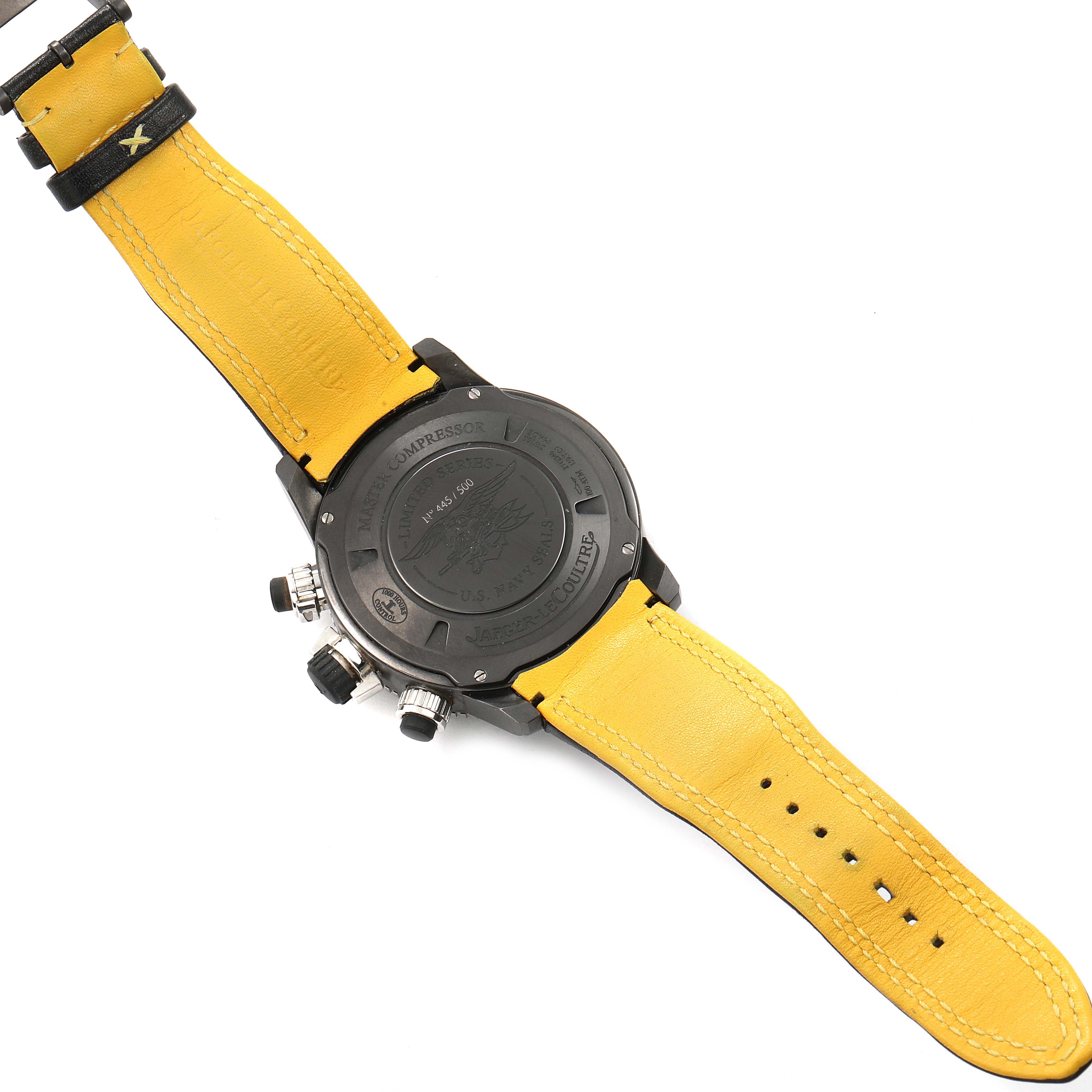 The image shows the back and strap of a Jaeger LeCoultre Master Q178T471 Men's Titanium Black Dial Q178T471 Men's Titanium Black Dial model watch, featuring a yellow leather strap.