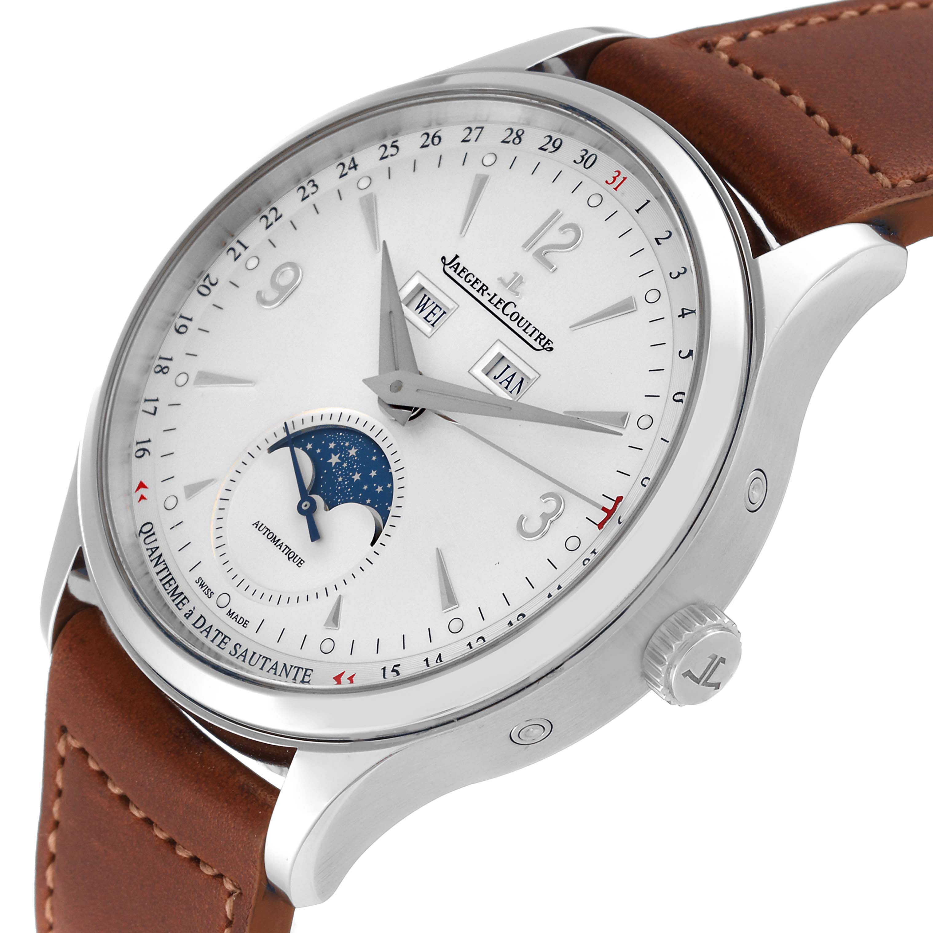 This Jaeger LeCoultre Master Q4148420 Men's Stainless Steel Silver Dial Q4148420 Men's Stainless Steel Silver Dial model watch is shown at a slight angle, displaying the face, bezel, and part of the leather strap.