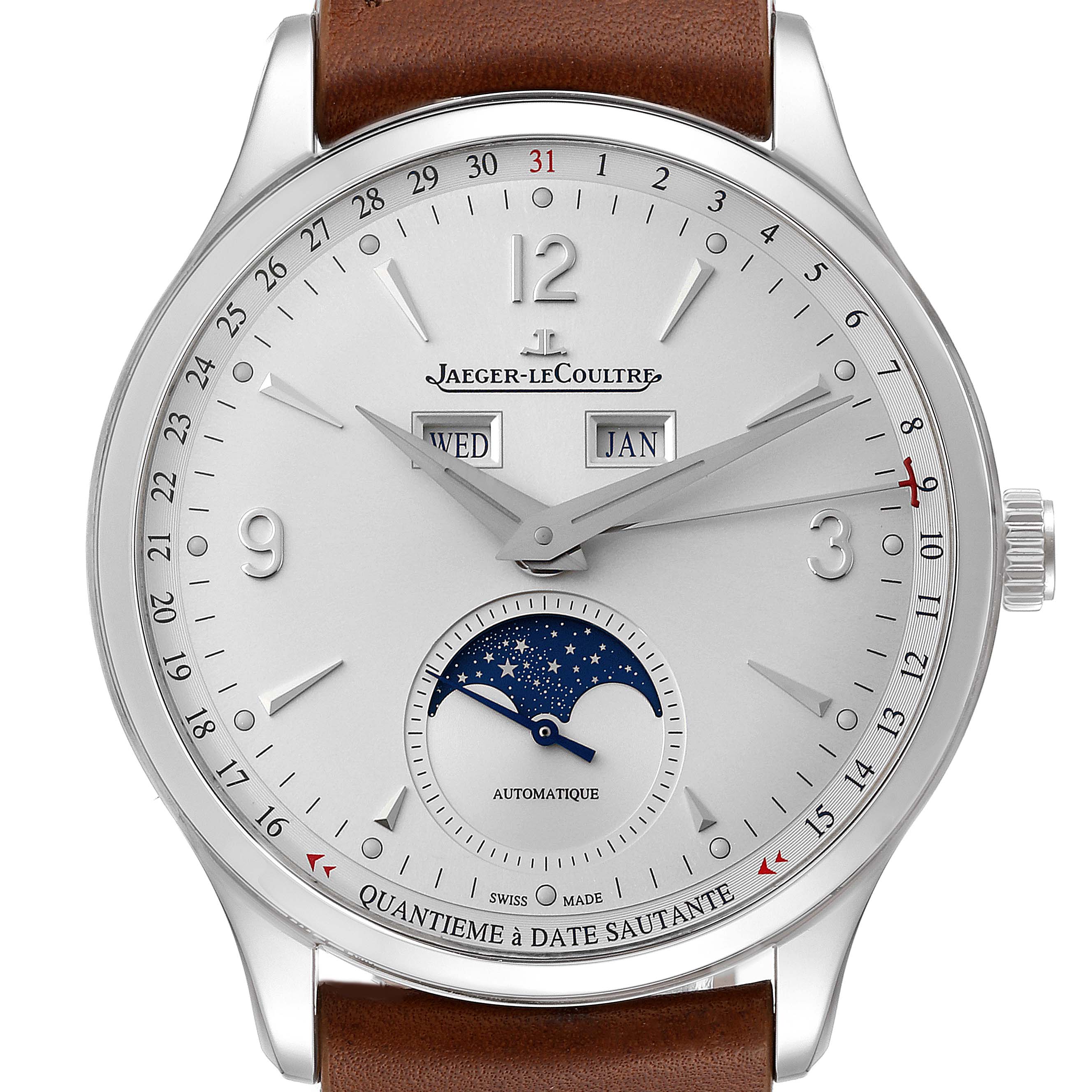 The image shows a frontal view of the Jaeger-LeCoultre Master watch, illustrating the face, time, date, day, month, and moon phase indicators.
