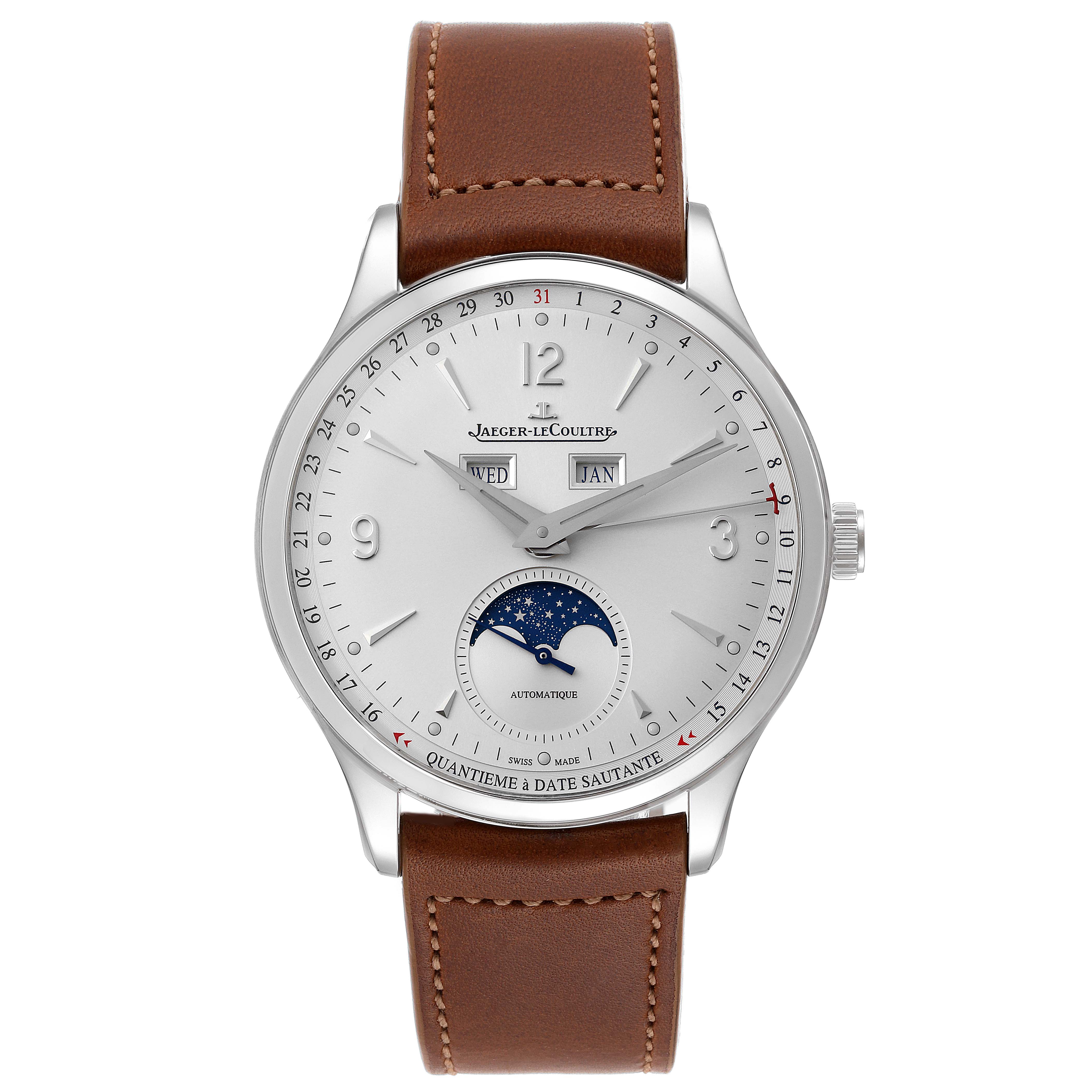 The image shows a front view of the Jaeger-LeCoultre Master watch with a brown leather strap, showcasing its face and moon phase indicator.