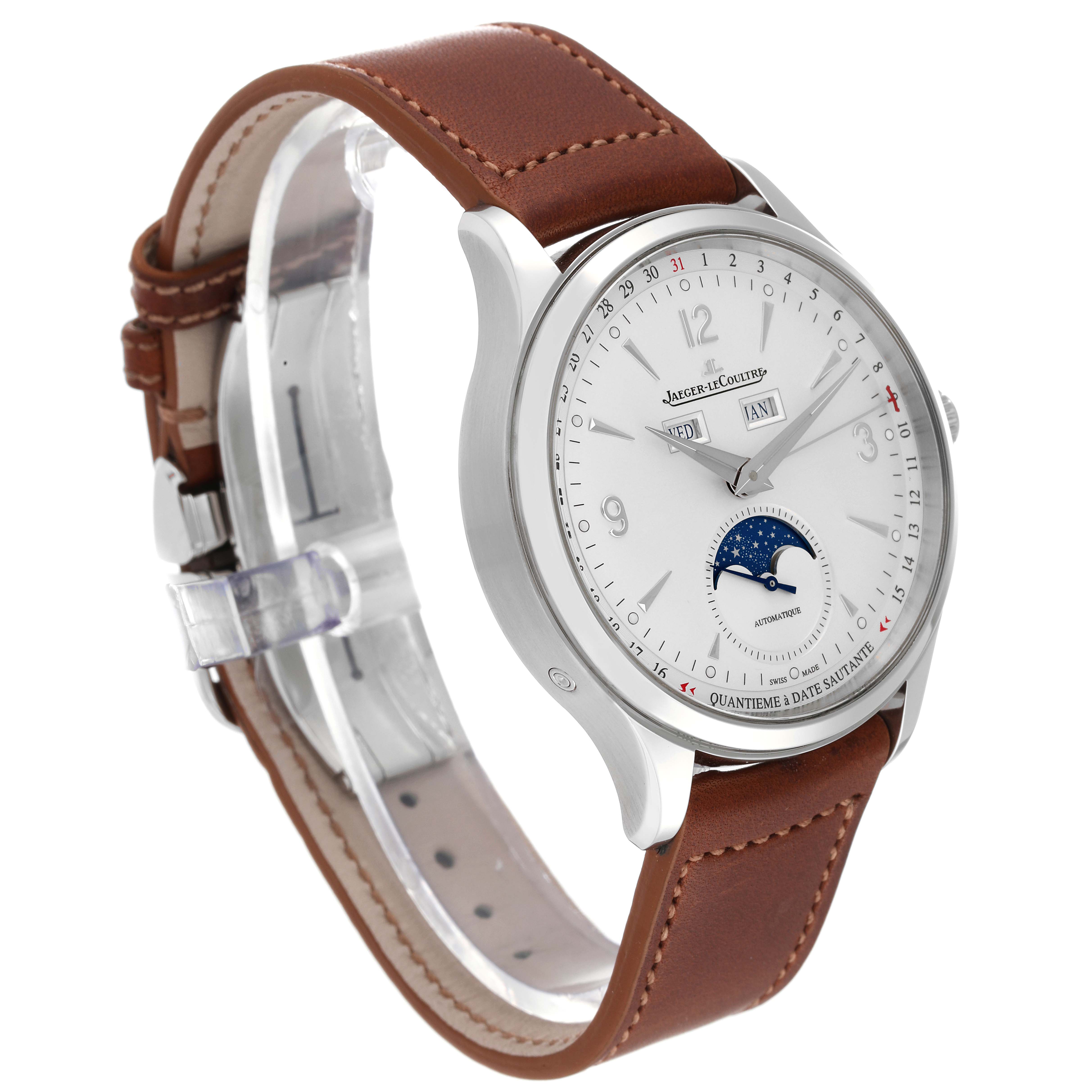 The Jaeger-LeCoultre Master model watch is shown in a three-quarter angle highlighting its white dial, moon phase, and brown leather strap.