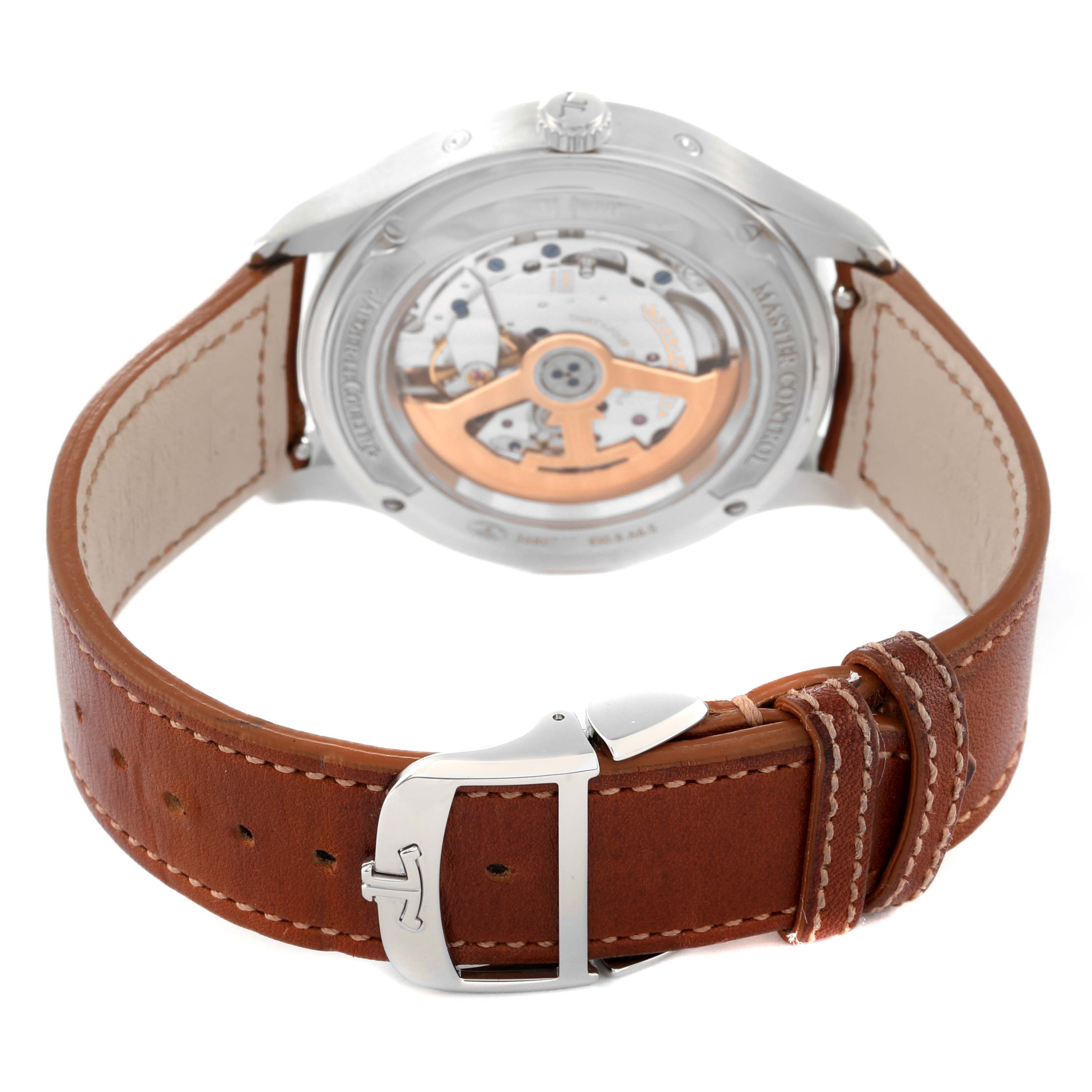This image shows the back view of a Jaeger LeCoultre Master Q4148420 Men's Stainless Steel Silver Dial Q4148420 Men's Stainless Steel Silver Dial model watch, highlighting its movement and leather strap.