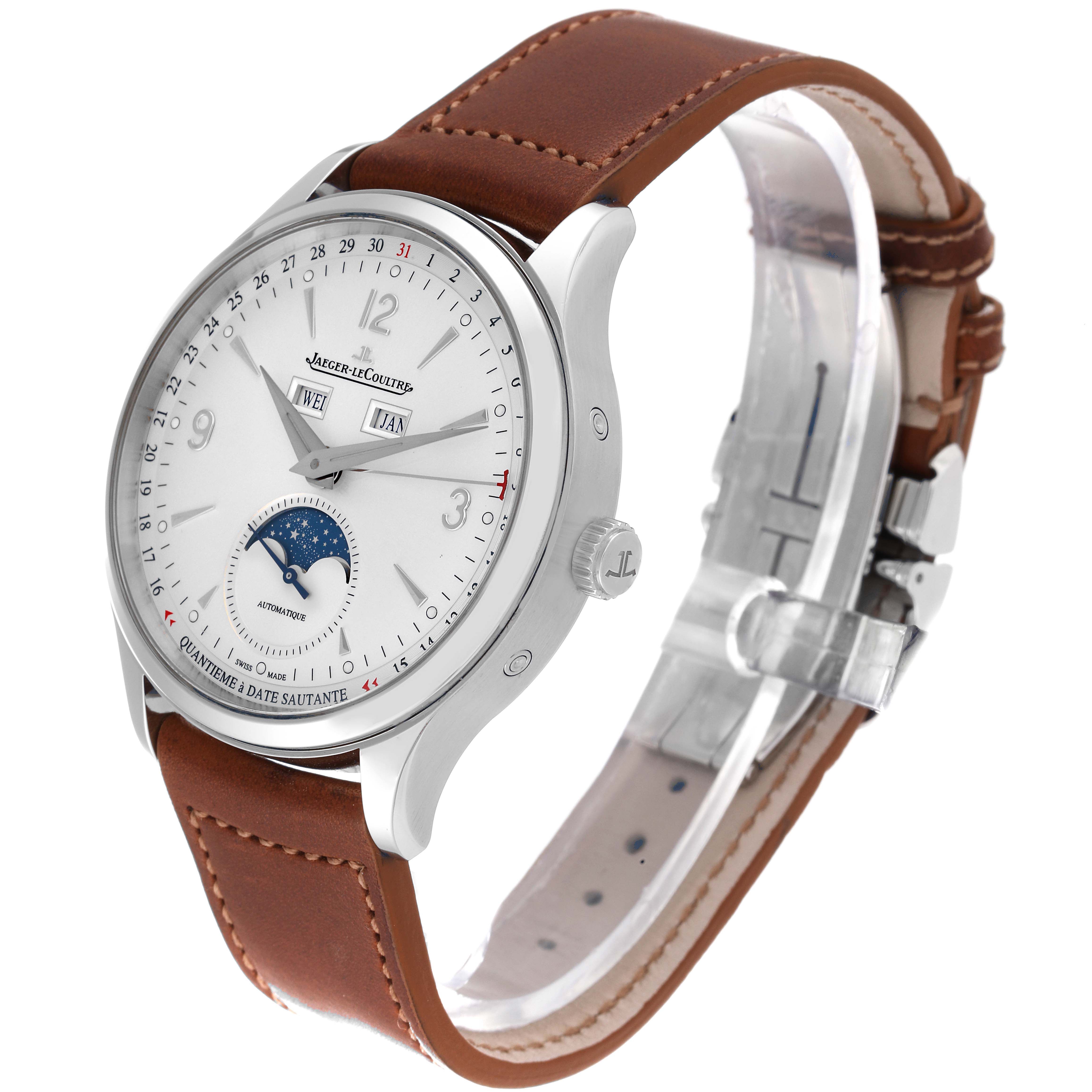 The image shows a Jaeger-LeCoultre Master model watch at a slight angle, highlighting its face, brown leather strap, and metal clasp.