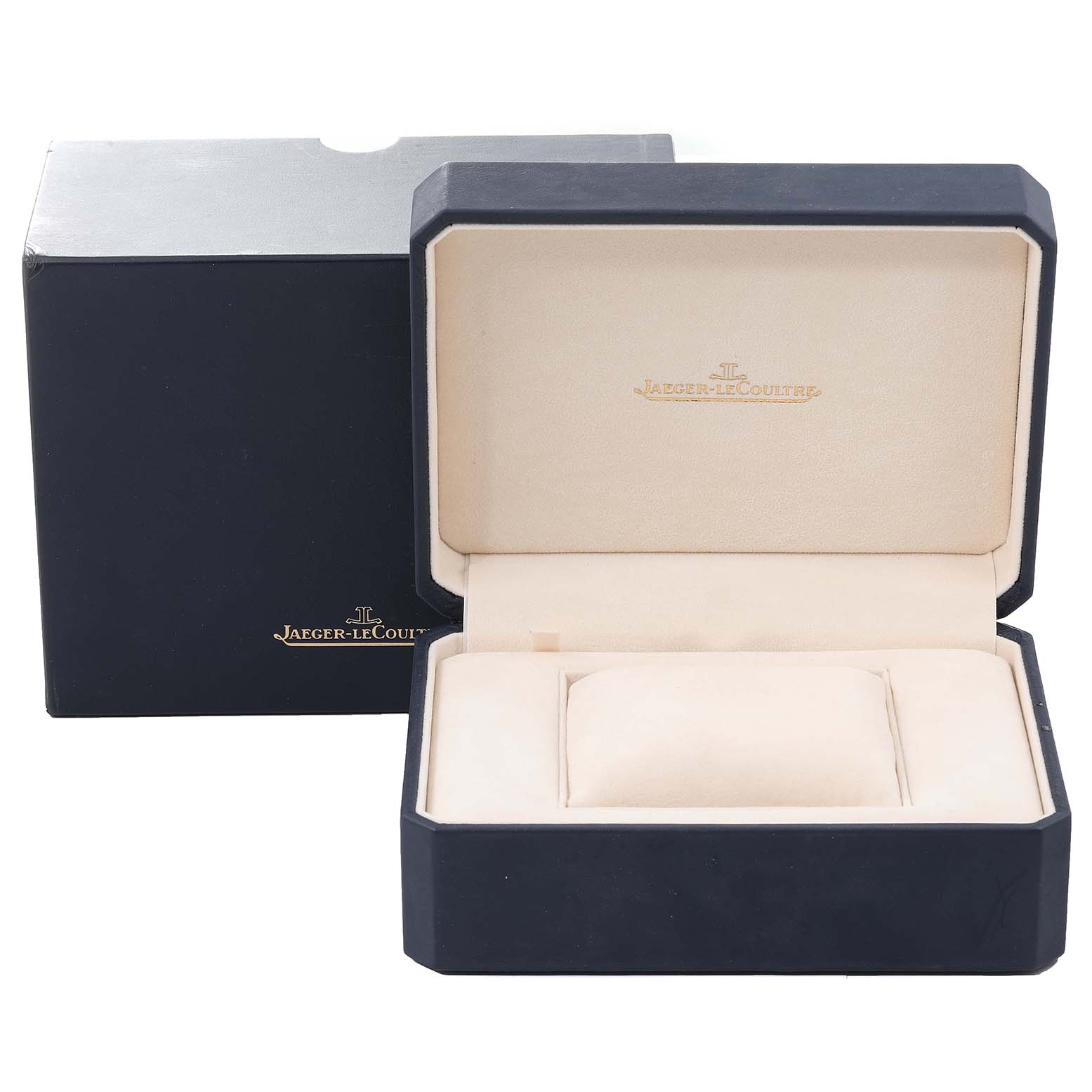 The image shows an open watch box and an outer box for the Jaeger LeCoultre Reverso 265.8.08 Women's Stainless Steel Silver Dial 265.8.08 Women's Stainless Steel Silver Dial model, highlighting the interior padding.