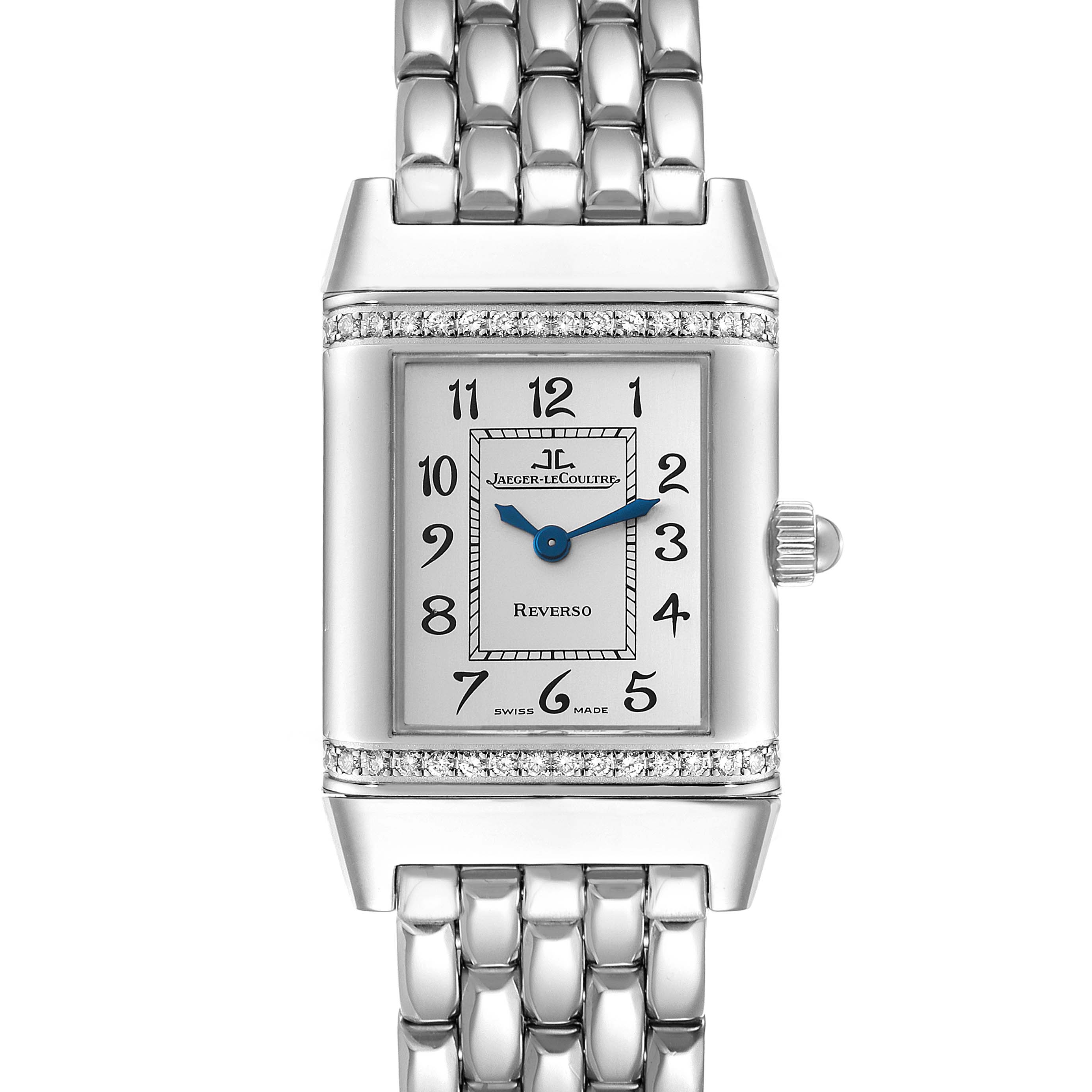This image shows a front view of the Jaeger LeCoultre Reverso 265.8.08 Women's Stainless Steel Silver Dial 265.8.08 Women's Stainless Steel Silver Dial watch, highlighting its dial, bracelet, and crown.