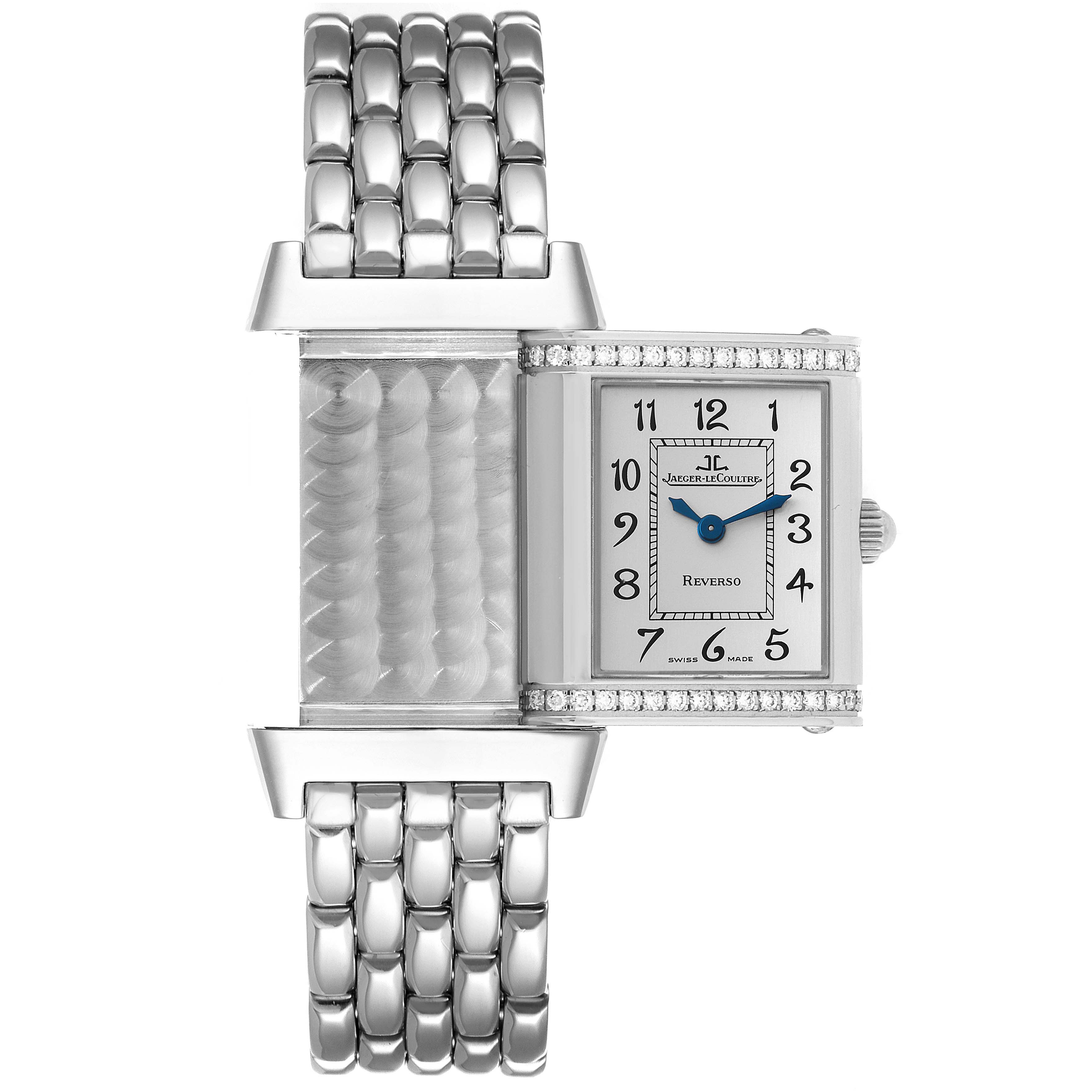 The image shows a front view of the Jaeger LeCoultre Reverso 265.8.08 Women's Stainless Steel Silver Dial 265.8.08 Women's Stainless Steel Silver Dial watch, displaying the watch face and partially extended case.