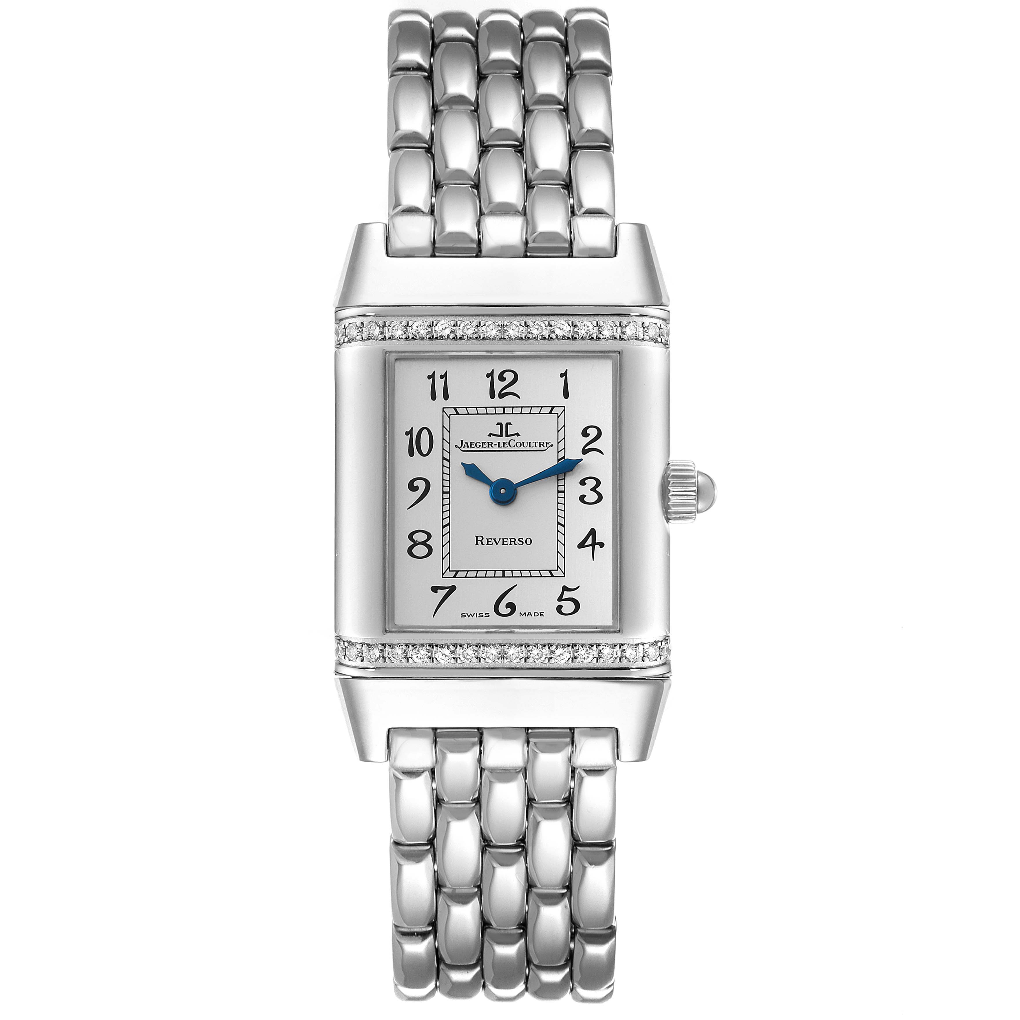 This image shows a front view of the Jaeger LeCoultre Reverso 265.8.08 Women's Stainless Steel Silver Dial 265.8.08 Women's Stainless Steel Silver Dial watch, featuring its dial, crown, and metal bracelet.