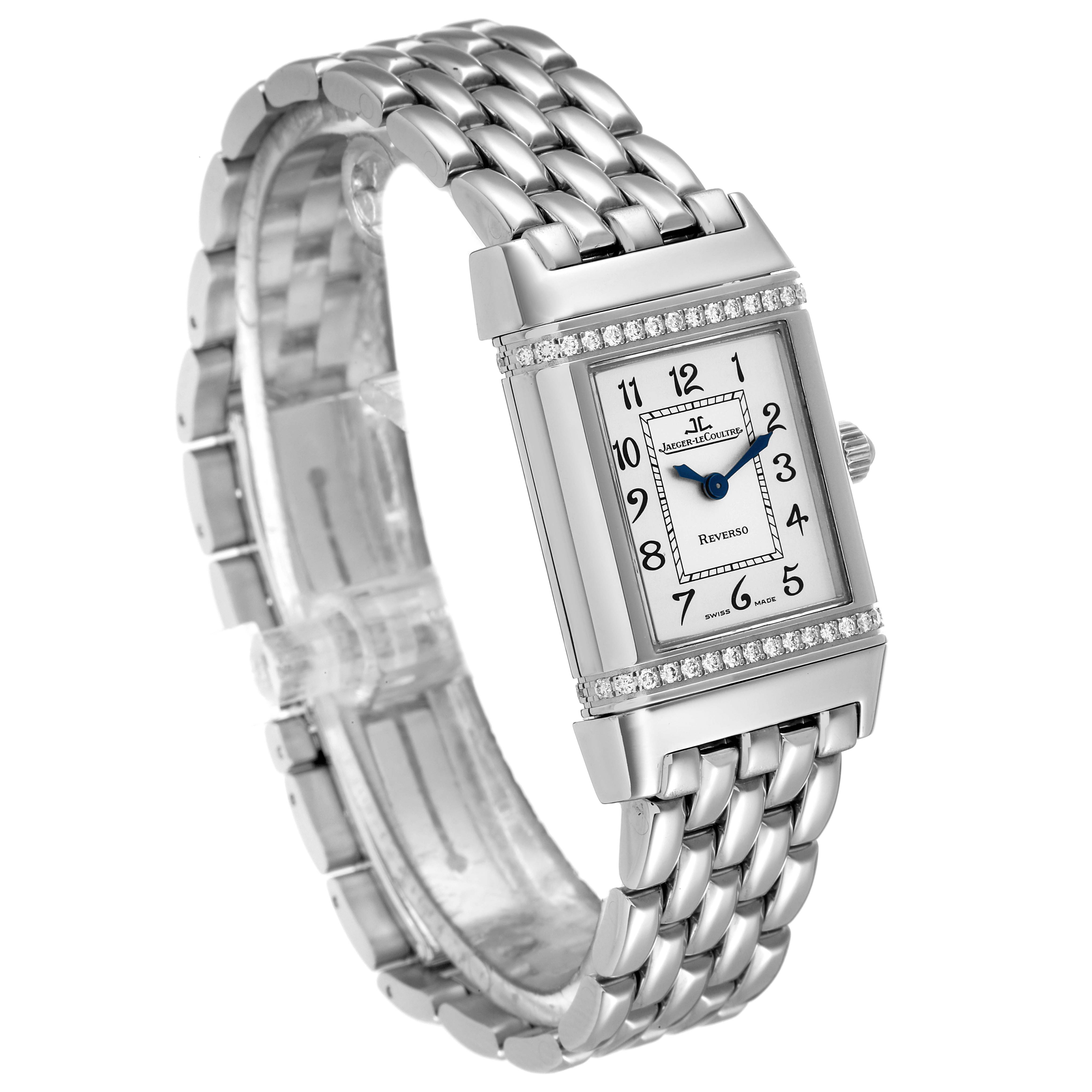This is a Jaeger LeCoultre Reverso 265.8.08 Women's Stainless Steel Silver Dial 265.8.08 Women's Stainless Steel Silver Dial watch, shown at a slight angle showcasing its dial, case, crown, and metal bracelet.