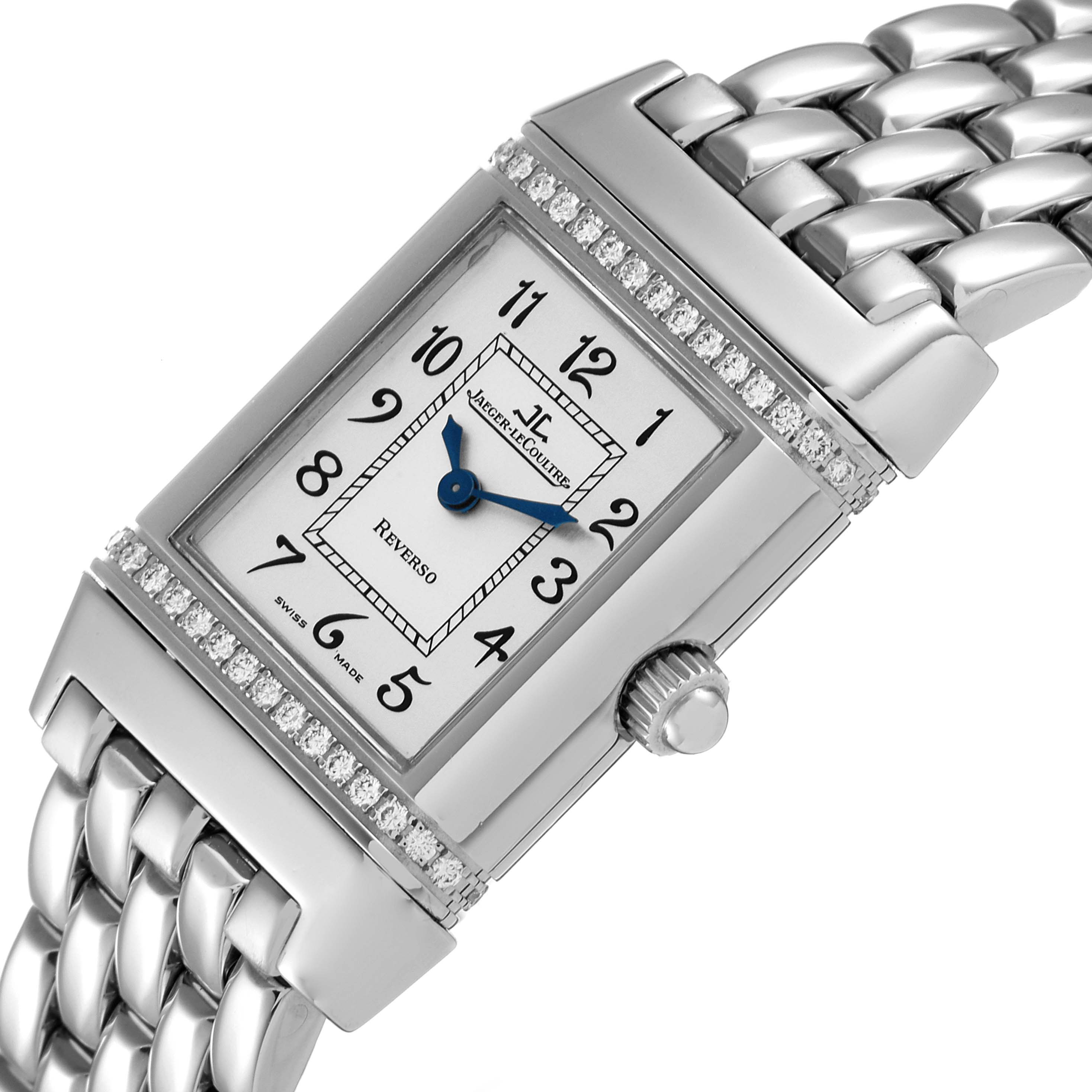 The angled view shows the face, crown, and part of the band of the Jaeger-LeCoultre Reverso watch.