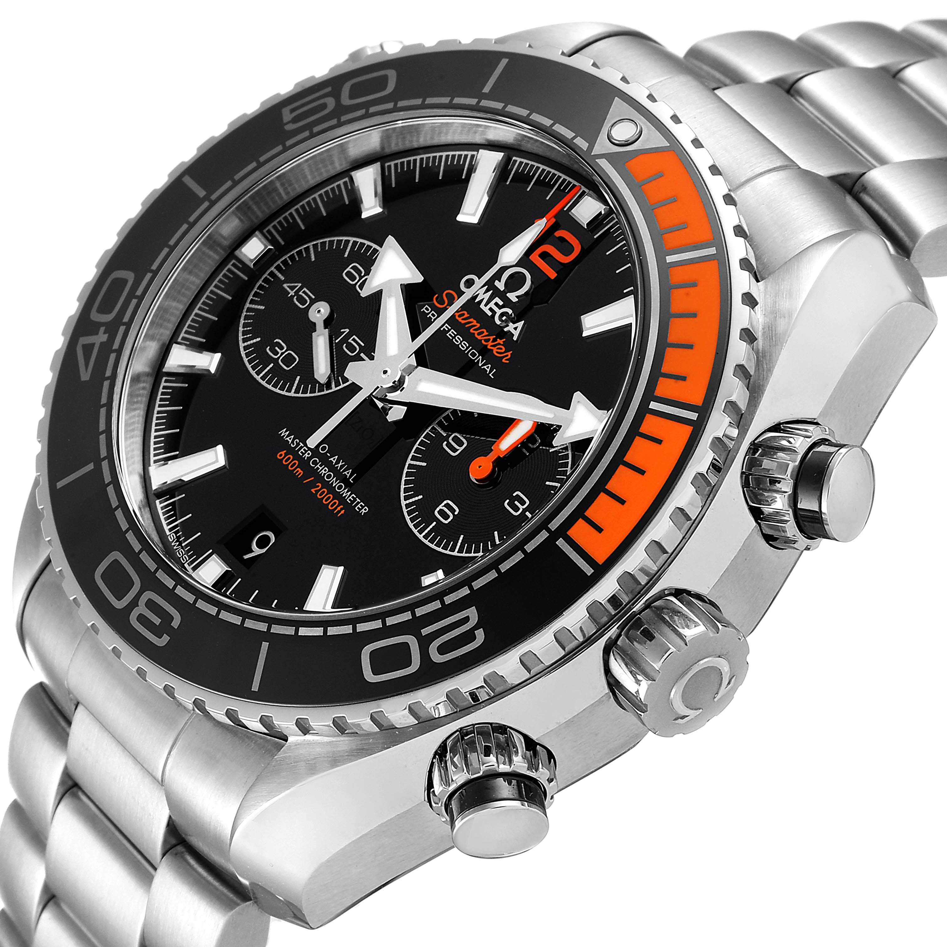 This image shows an angled view of the Omega Planet Ocean 215.30.46.51.01.002 Men's Stainless Steel Black Dial 215.30.46.51.01.002 Men's Stainless Steel Black Dial watch, highlighting its face, dial, bezel, and crown.