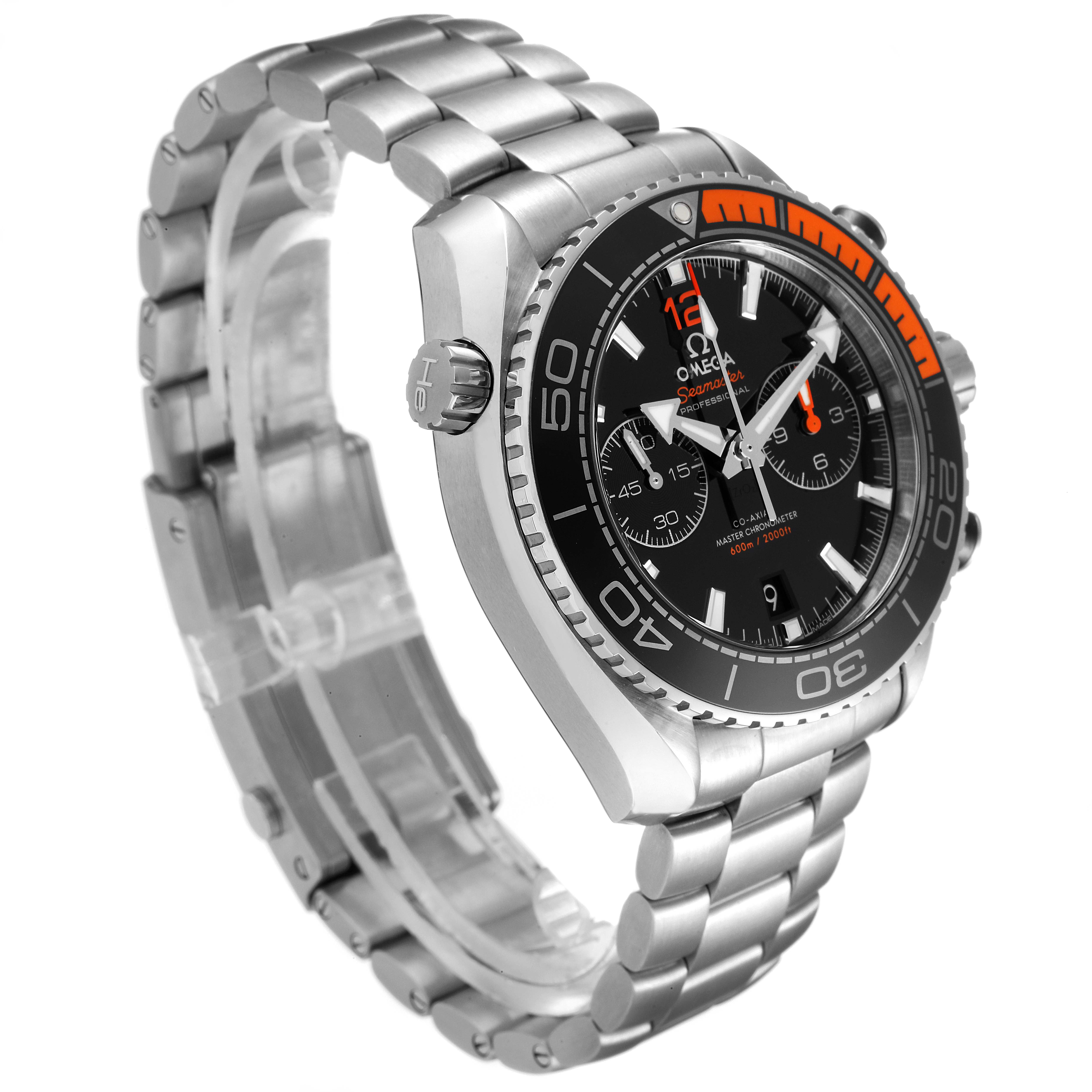 The Omega Planet Ocean 215.30.46.51.01.002 Men's Stainless Steel Black Dial 215.30.46.51.01.002 Men's Stainless Steel Black Dial watch is shown at a three-quarter angle, displaying the face, bezel, crown, and metal bracelet.