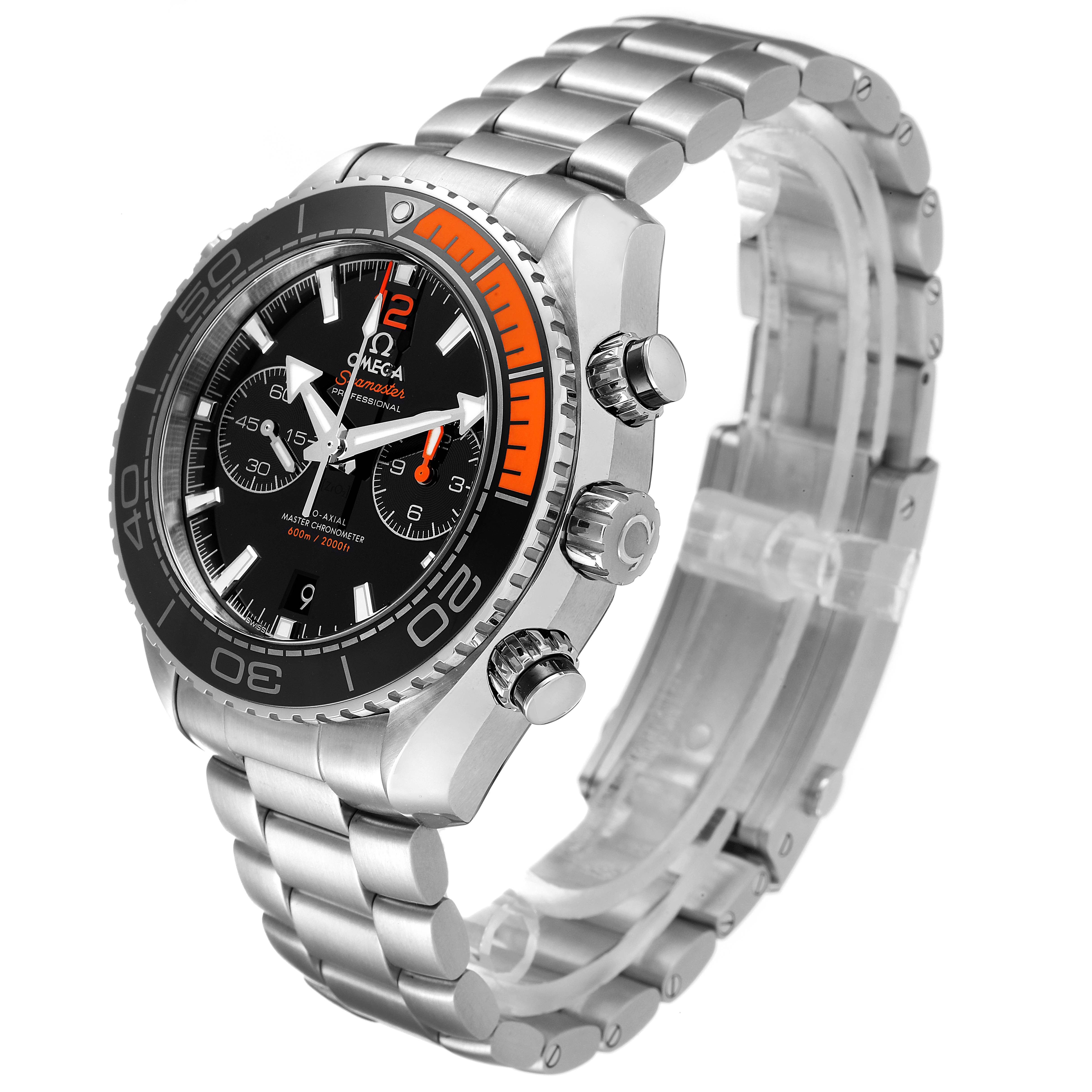 The image shows an angled side-front view of the Omega Planet Ocean 215.30.46.51.01.002 Men's Stainless Steel Black Dial 215.30.46.51.01.002 Men's Stainless Steel Black Dial watch, highlighting the face, bezel, crown, pushers, and bracelet.